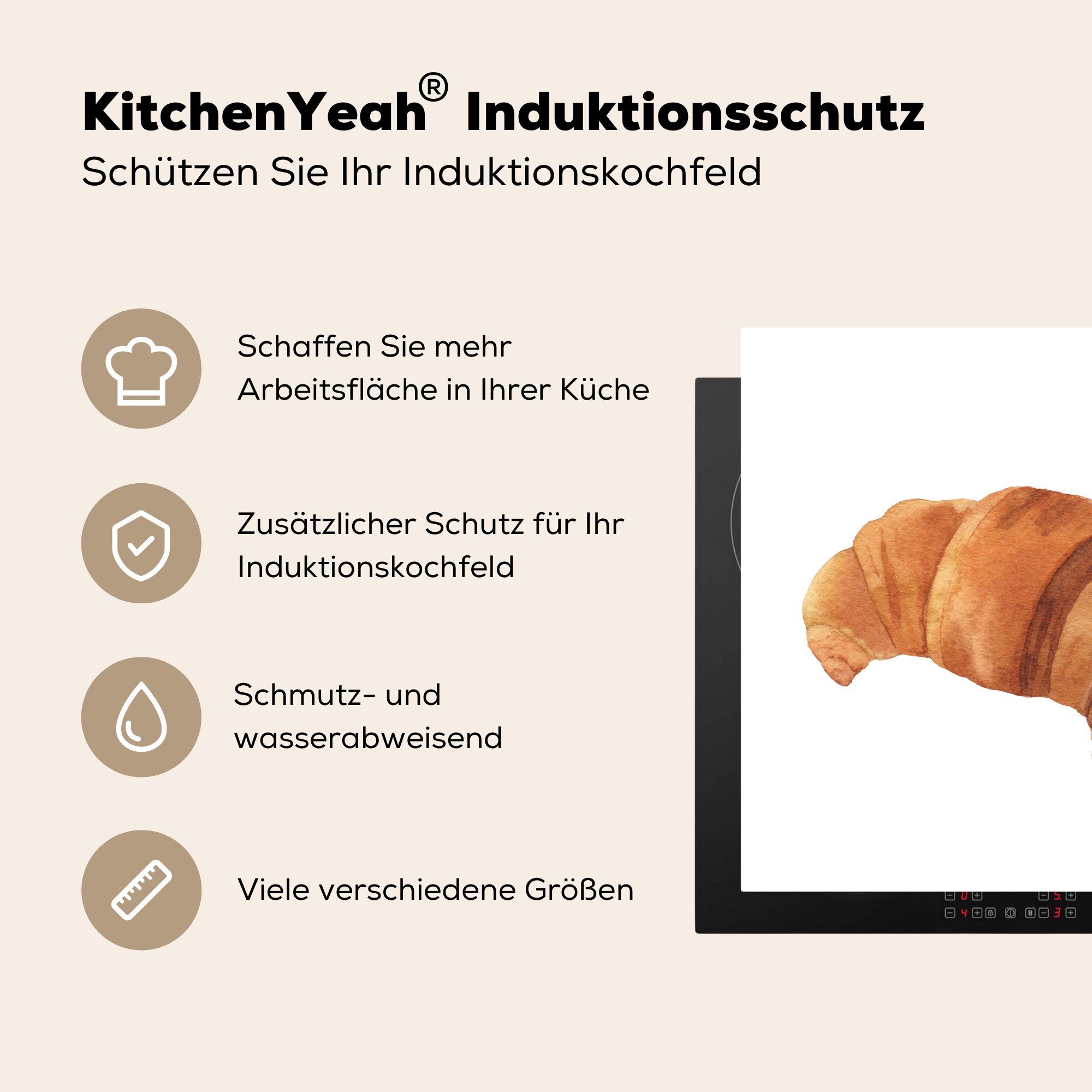 Ceranfeldabdeckung, Herdblende-/Abdeckplatte Vinyl, tlg), MuchoWow Arbeitsplatte Croissant für Aquarell (1 - 78x78 Lebensmittel, - cm, küche