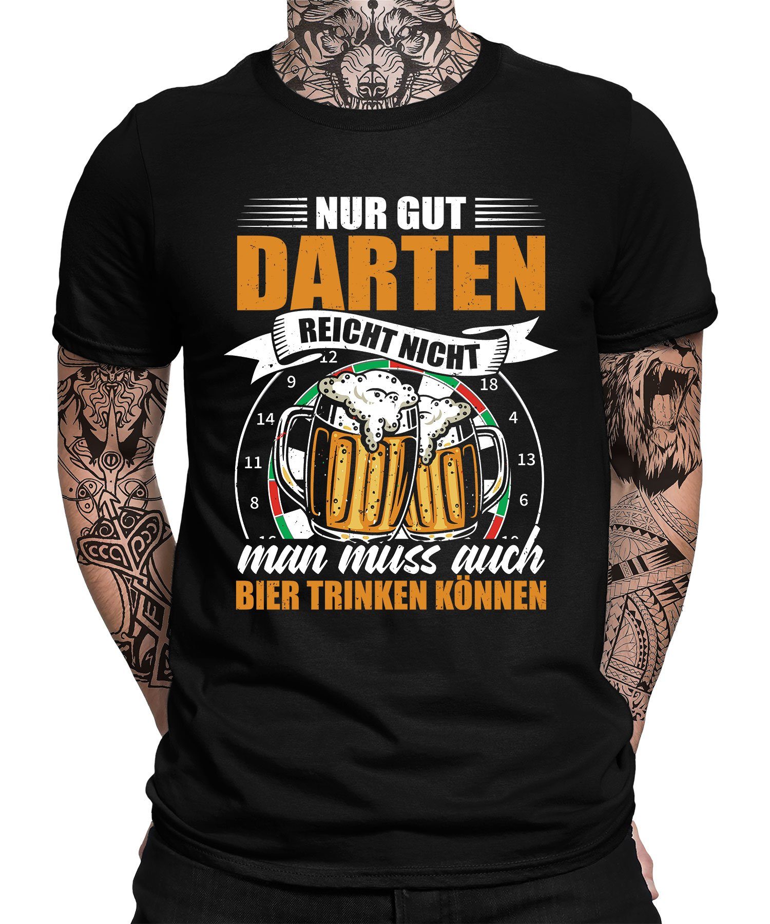 Quattro Formatee Kurzarmshirt Darten & Bier trinken - Dart Dartscheibe Dartpfeil Dartspieler Herren (1-tlg) Schwarz