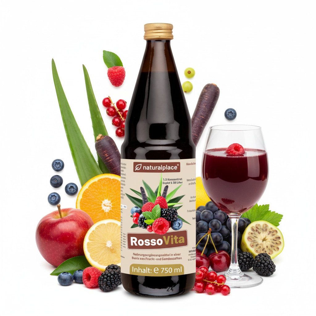 naturalplace® RossoVita Wellnessgetränk, Konzentrat aus Frucht- und Gemüsesäften- Saft, 750 ml, Mehrfruchtmix mit Aloe Vera- und Nonisaft + Vitaminen, ergibt 2,25 L