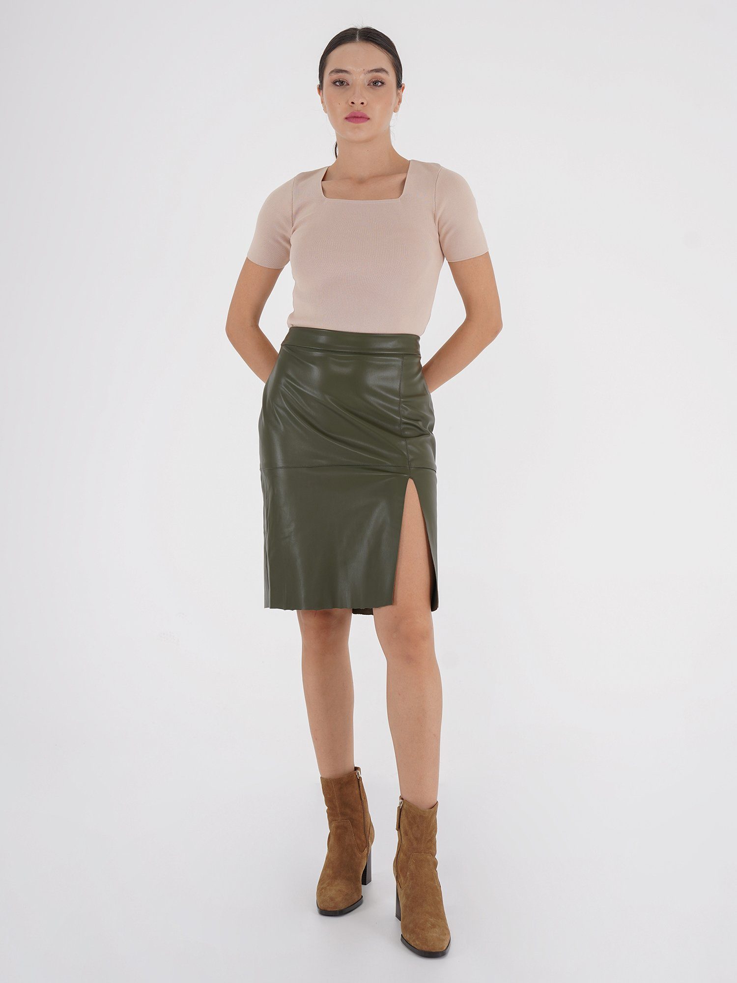 Midi Skirt Lederimitatrock khaki Freshlions Freshlions Leather