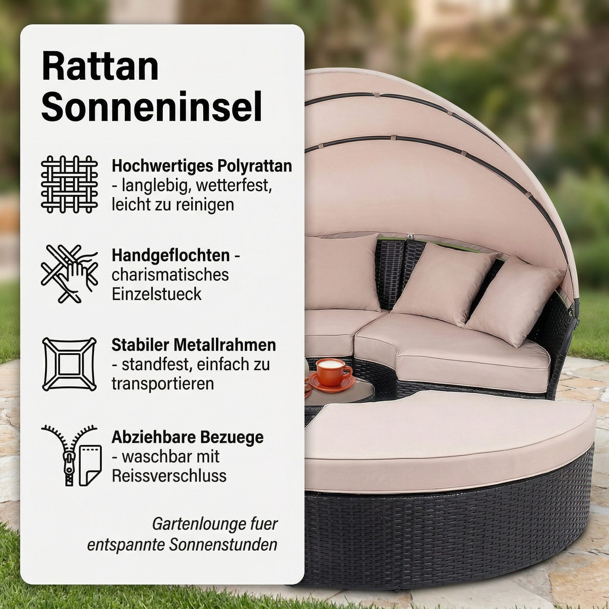 Mucola Gartenlounge-Set Sonneninsel 180CM Polyrattan Gartenmuschel Gartenliege Loungebett, (Stück, Exklusiv), Wasserabweisend