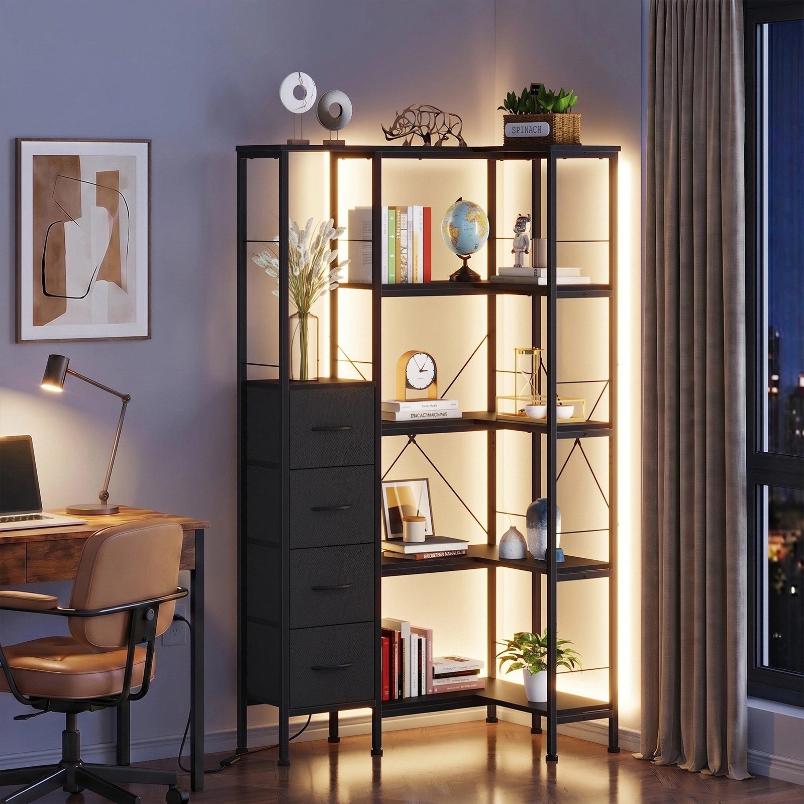 OYRREU Mehrzweckregal 10 offene Fächer & 3 Schubladen, kombiniert, Bücherregal, Standregal, industrial Aufbewahrungsregal 1-St., mehrfach, X-förmige Metallverstärkung, variabel einsetzbar, 120 x 23,5 x 142 cm