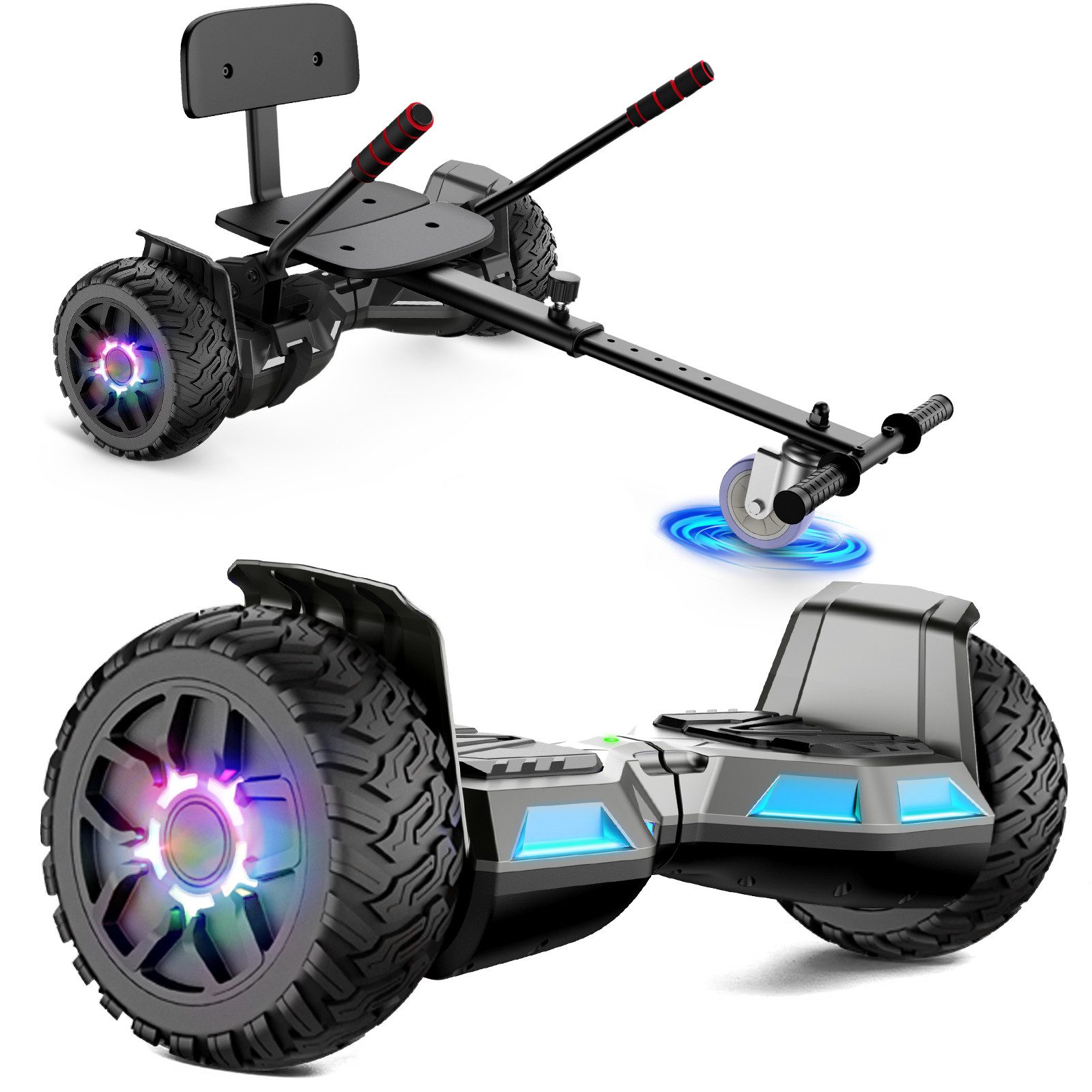 SISIGAD Balance Scooter Kart HY-B02 6,5 Zoll Dualmotorräder, Hoverboard mit kart,LED, Bluetooth, 10 km/h, Ховерборды mit Sitz&LED-Licht und Bluetooth,Geschenk für Kinder
