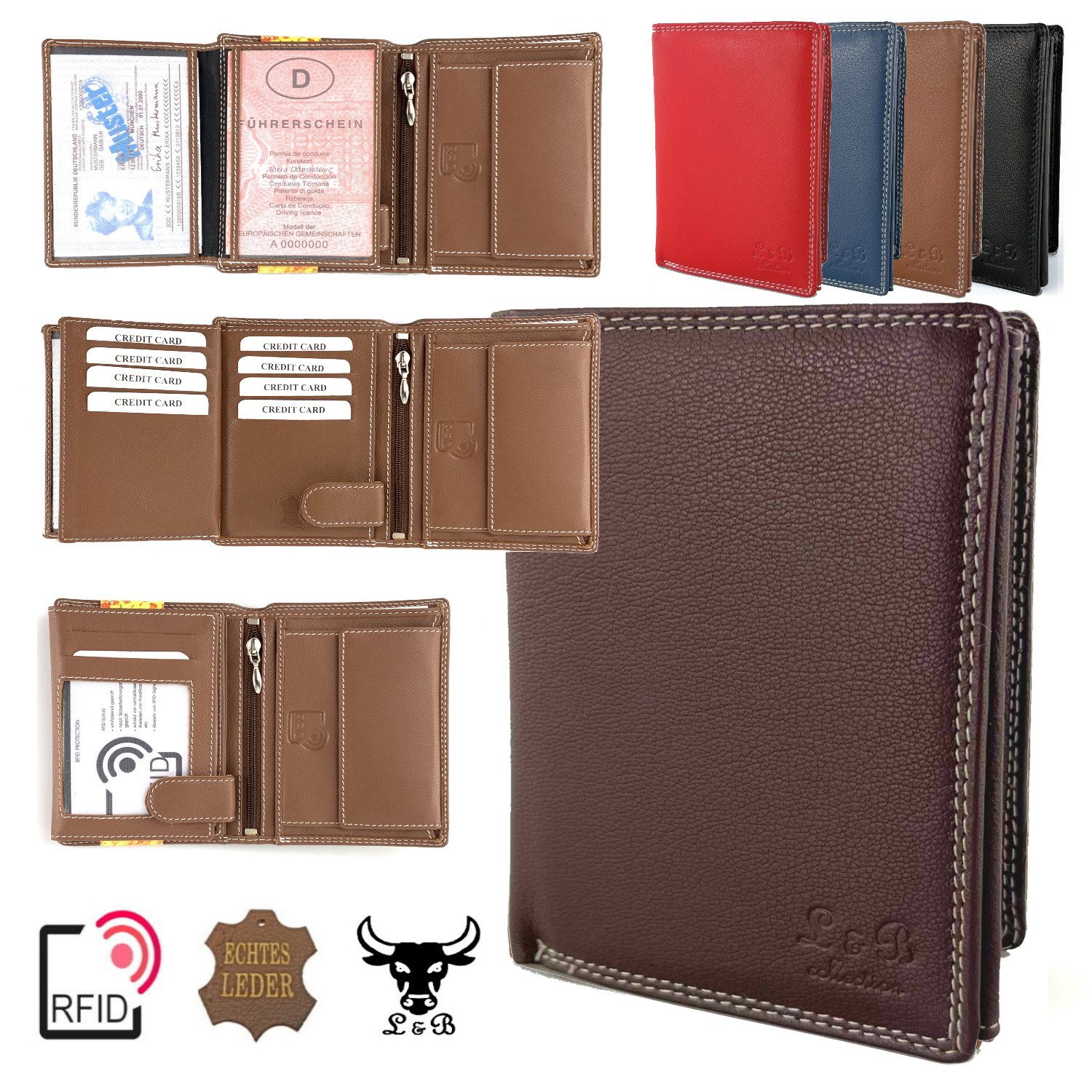 L&B Geldbörse Rindsleder Portemonnaie, integrierter RFID-Schutz >2338< Geldbeutel, Druckknopffach & Reißverschlussfach + 9 Kartenfächer & 3 Sichtfächer