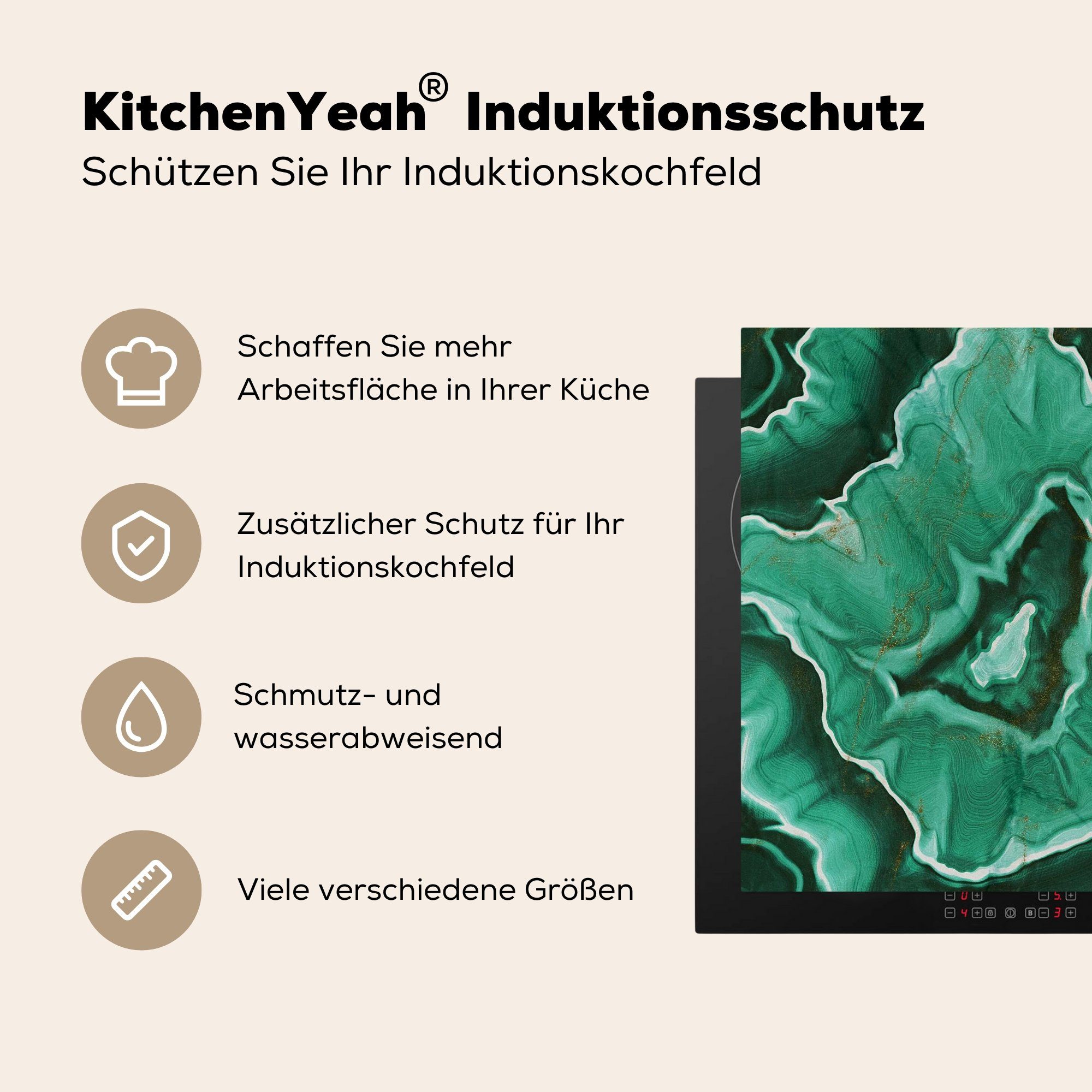 - (1 Vinyl, tlg), 78x78 MuchoWow küche Marmor für Grün Arbeitsplatte Herdblende-/Abdeckplatte Ceranfeldabdeckung, - cm, Linie,