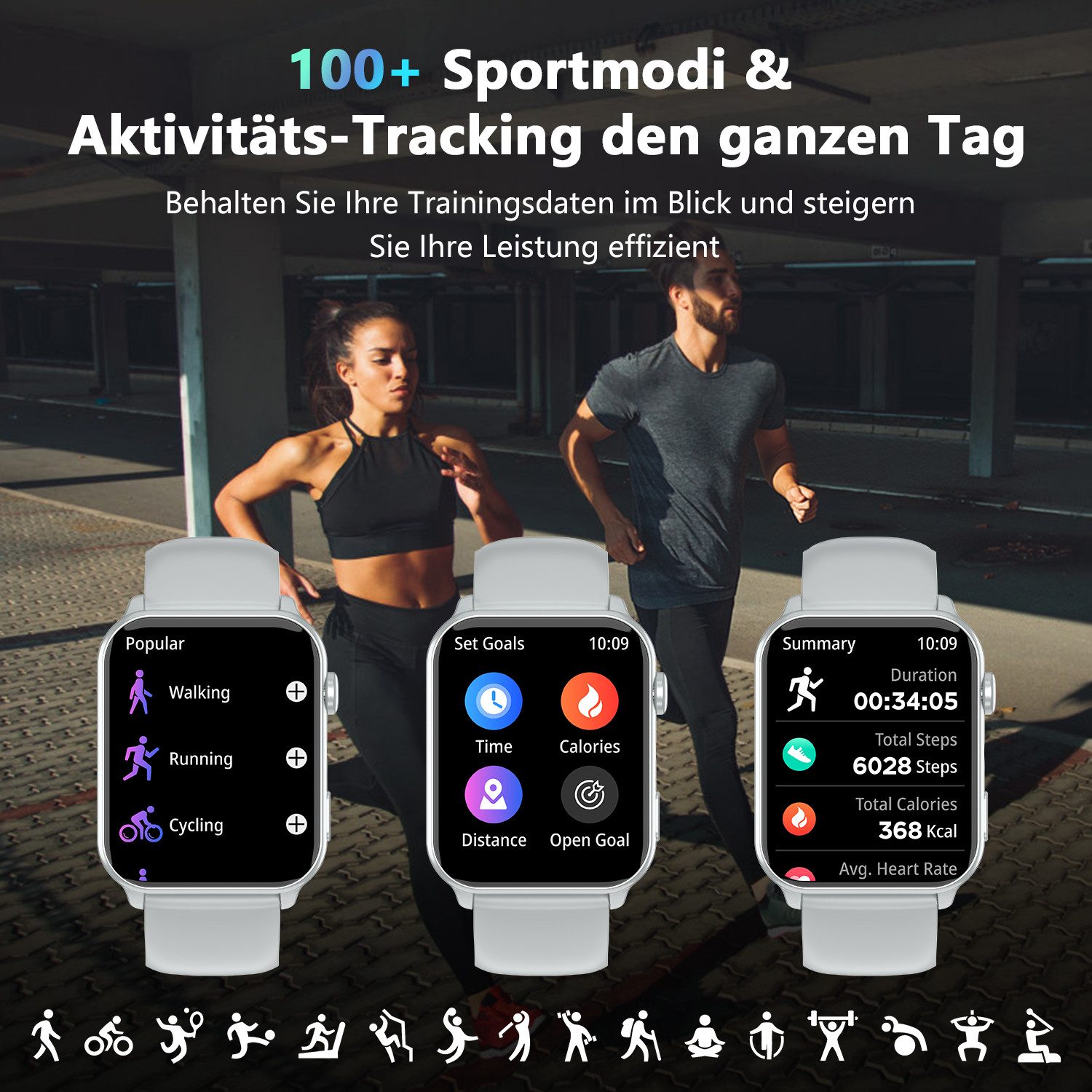IOWODO Smartwatch Damen Herren 1,91" HD Touch, mit LED Lampe& Bluetooth Anruf Smartwatch, mit Wechselband aus weichem Silikon und Ladekabel, 5 Tage Akku,350 mAh,SpO₂/HR/Schlaf,App-Fitnesskurse,Schrittzähler,IP68