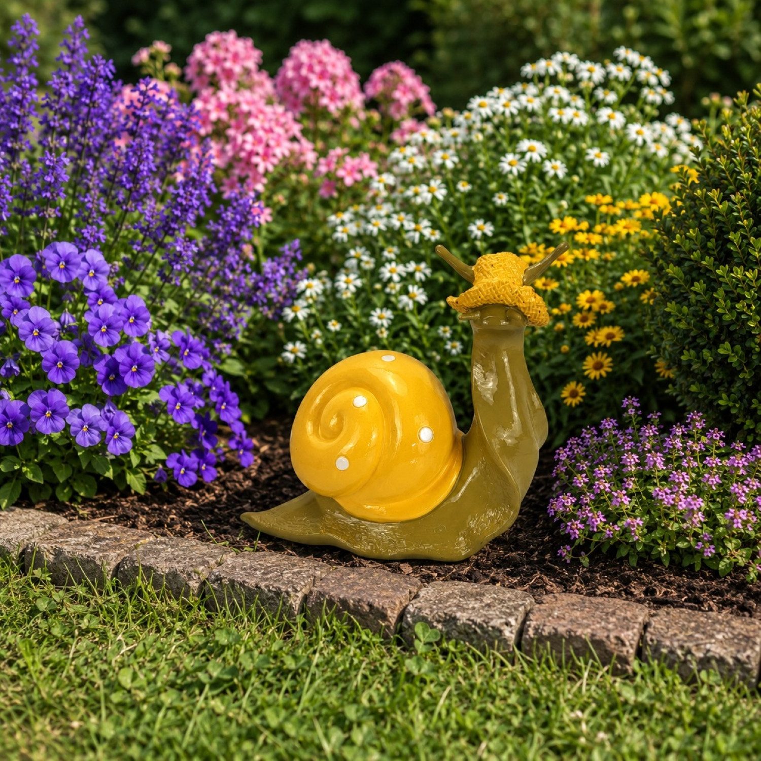 Online-Fuchs Gartenfigur süße Schnecke mit Hut für außen - Deko Figuren für Garten, (mit Schneckenhäuschen und Strohhut, in 3 Farben erhältlich), aus langlebigem Kunstharz gefertigt, wetterfest - 21 cm groß