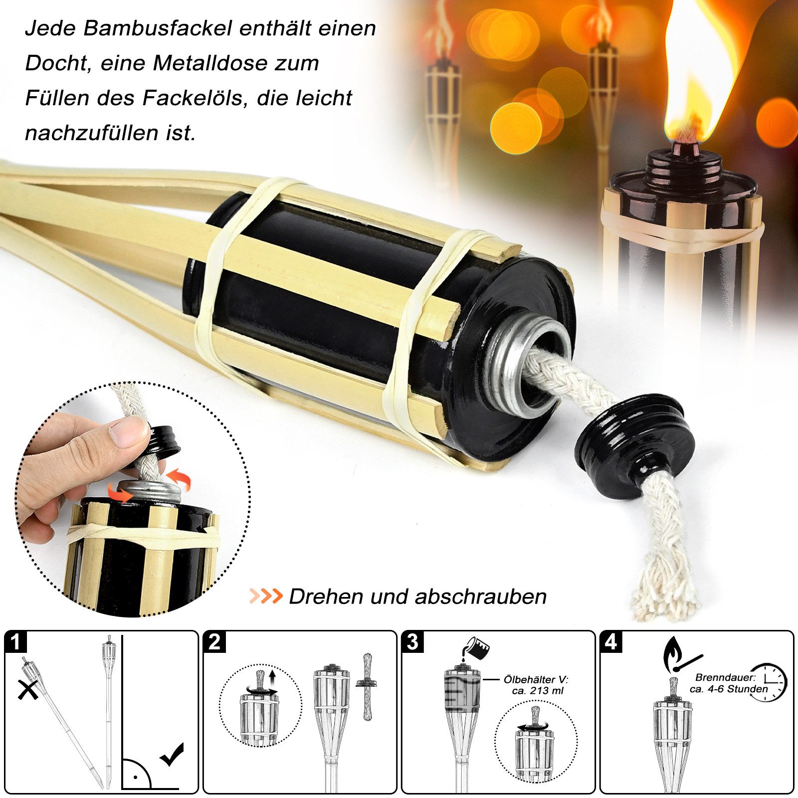 FIVMEN Gartenfackel 12er Set Bambusfackeln Fackel für Draußen, Outdoor Fackeln mit Ersatzdocht, Öllampe Wegleuchte, Höhe: 90 cm