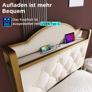 HAUSS SPLOE Polsterbett 90x200 mit USB Typ C Ladefunktion&Schublade, Hellbeige Ohne Matratze, Bettgestell mit Lattenrost