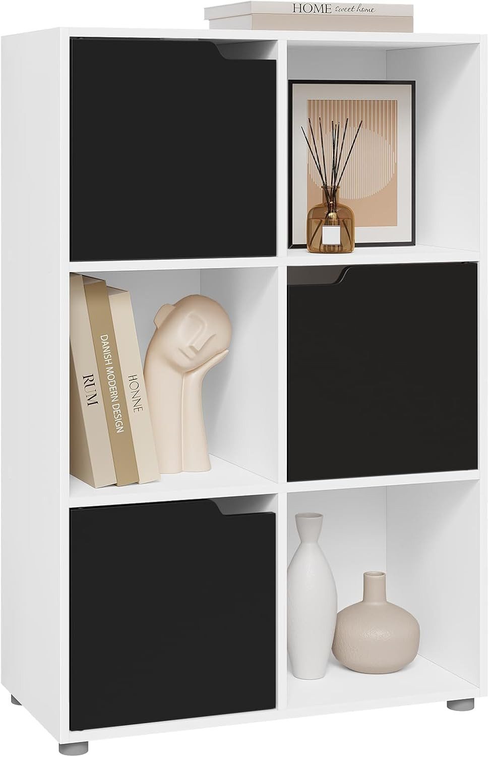 Woltu Bücherregal, 1-tlg., Standregal mit 3 Türen, MDF, 6 Fächer, Anti-Kipp-Vorrichtung