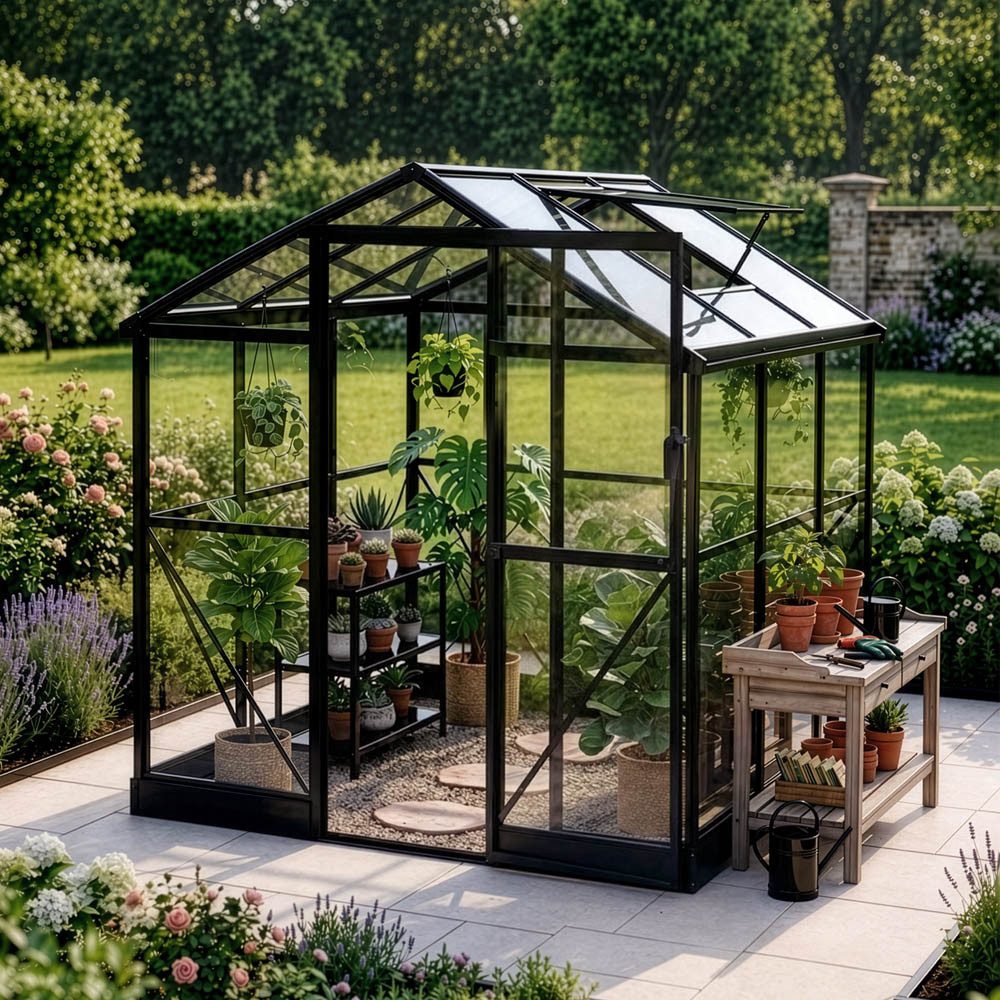 HOME DELUXE Gewächshaus inkl. Fundament ALBORA, BxTxH: 184 x 184 x 203 cm, 2 mm Wandstärke, Polycarbonatplatten, inkl. Regenrinnen mit Auslass & Dachlüftung