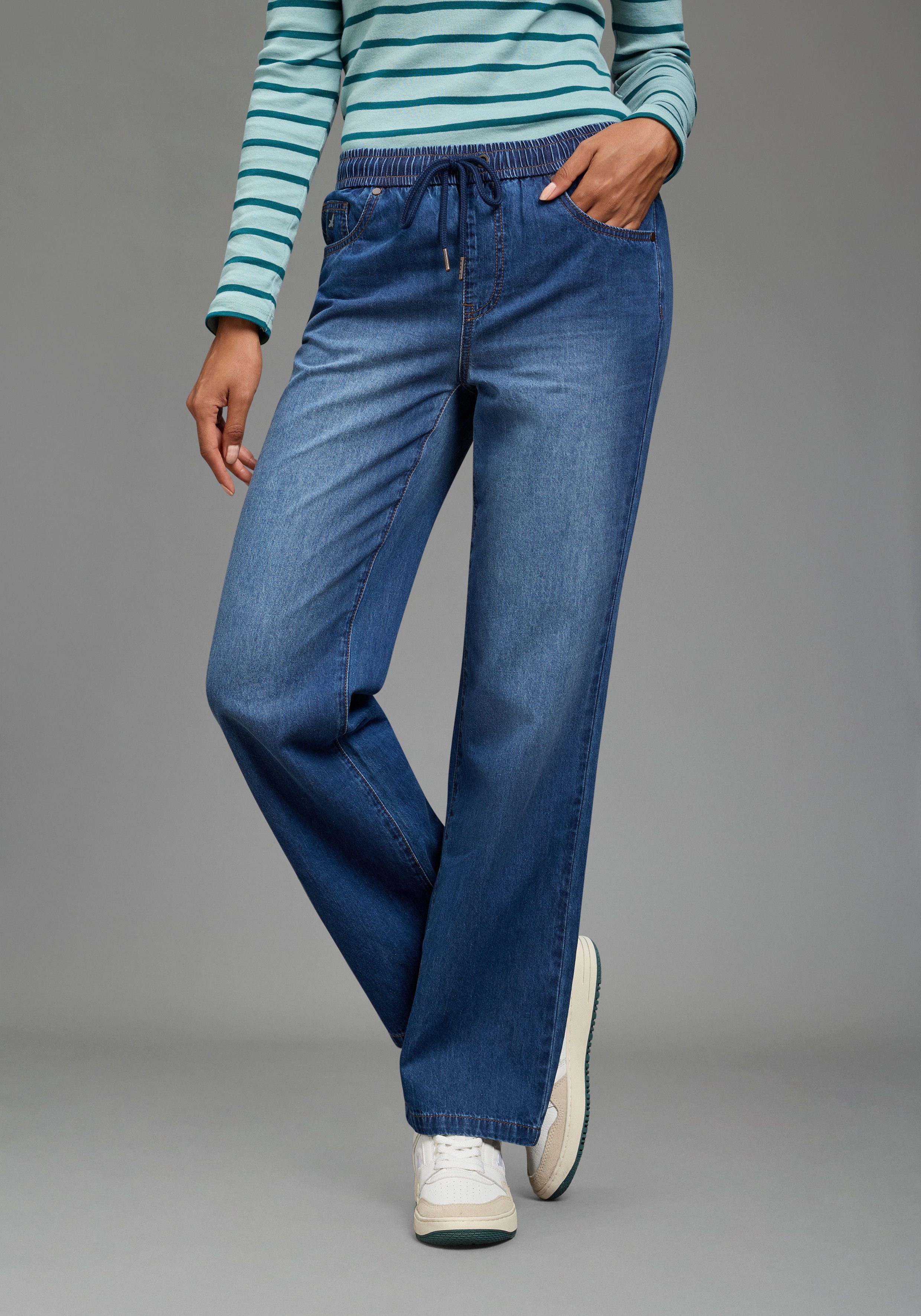 Arizona Relax-fit-Jeans mit Schnürung mit geradem Bein, unifarben