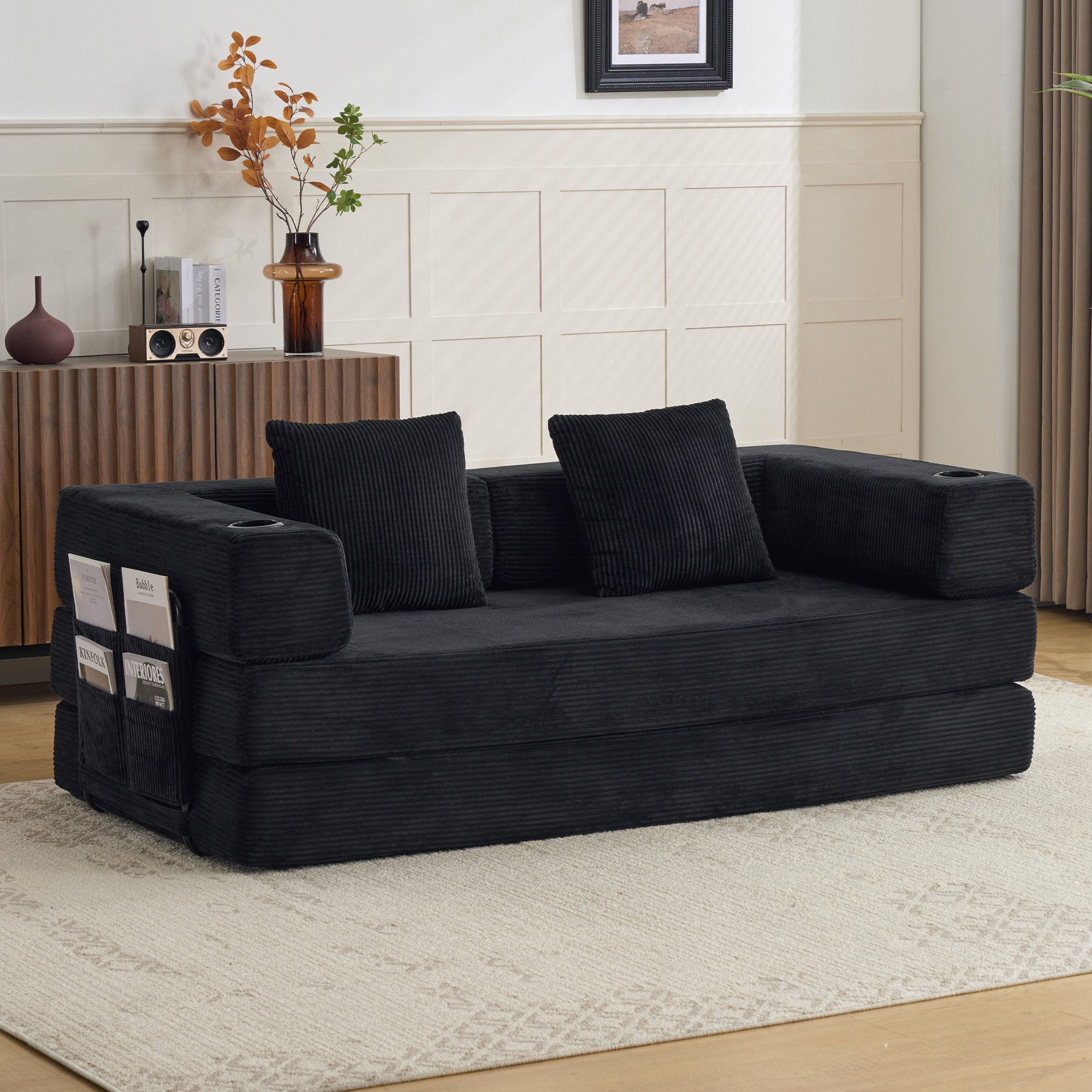 Vankel Sofa Modulares Sofa mit Schlaffunktion aus Cord, faltbar & flexibel, Bequemes Schlafsofa ohne Montage für Wohnzimmer und kleine Räume