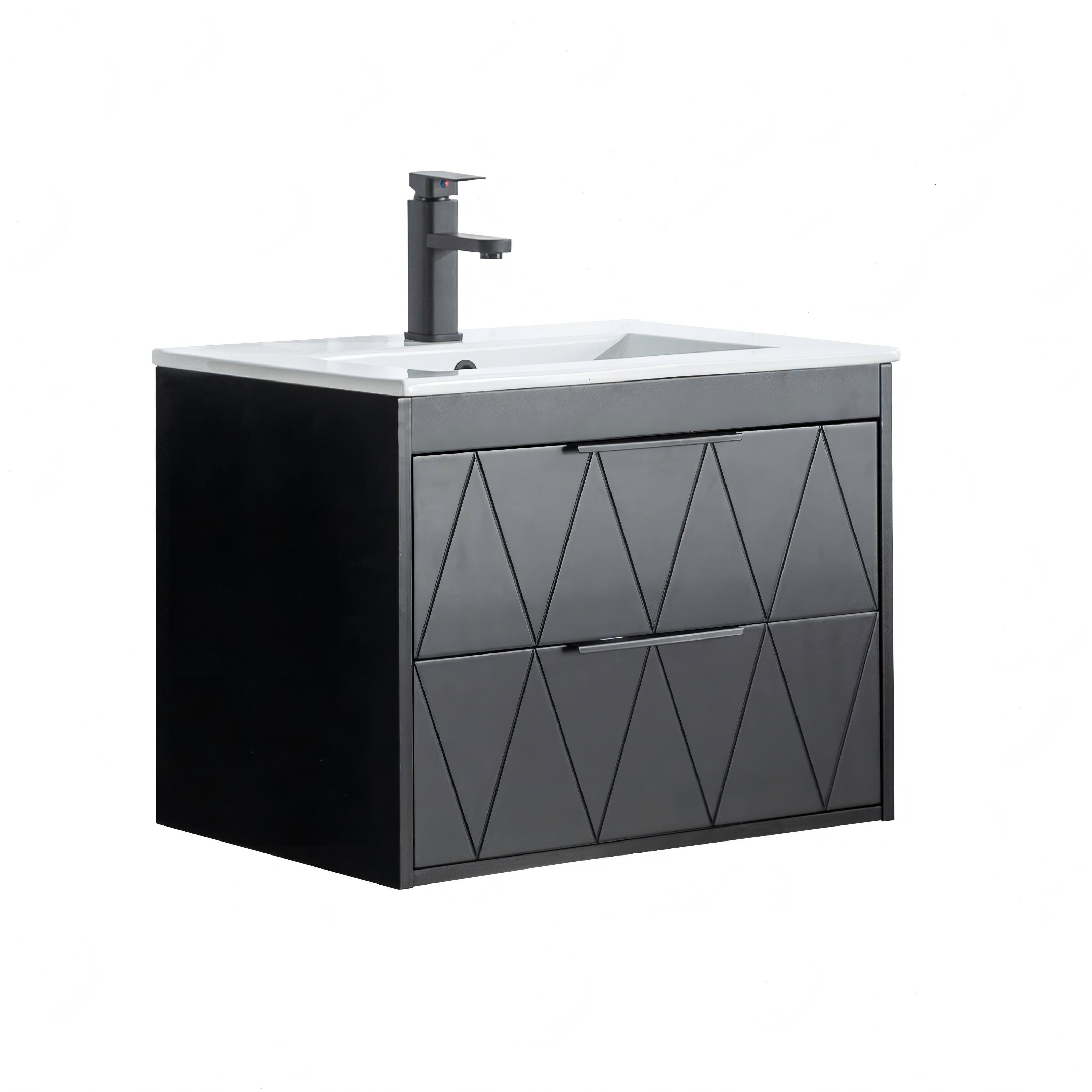 UEV Waschtisch mit Unterschrank, Hängender Waschbeckenunterschrank 60cm/75cm/90cm (mit Wasserhahn und Pop-up-Ablassventil), Soft-close Schubladen, Badezimmerschrank mit Waschbecken aus Keramik