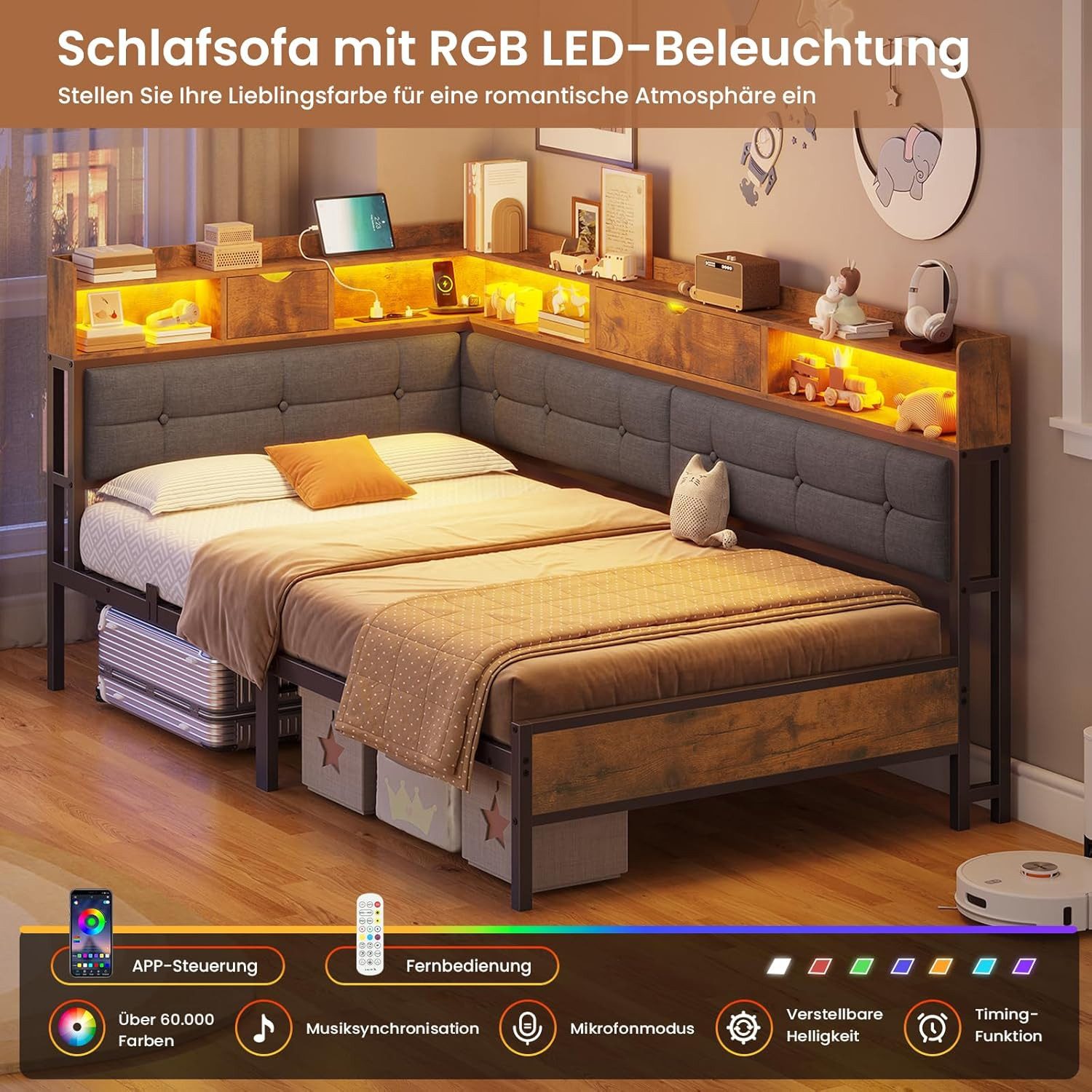 MSMASK Daybett Polsterbett Jugendbett mit LED-Beleuchtung und USB-Ladestation, Bettgestell mit Lattenrost aus Metall, 90 x 200 cm