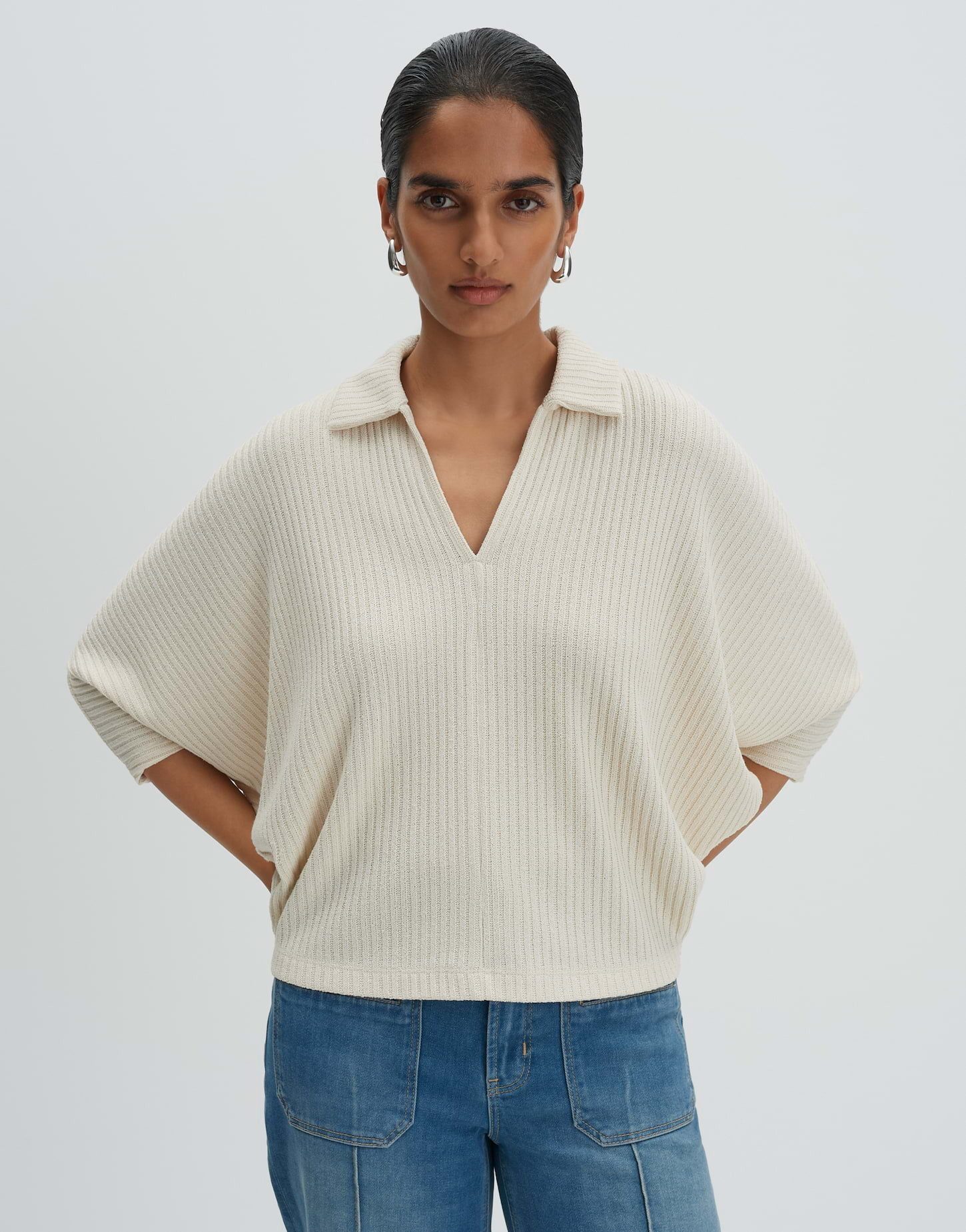 someday Sweatshirt Uvela Sweatshirt in Rippenstruktur aus Sweatware Weite Passform, Fledermausärmel und V-Ausschnitt