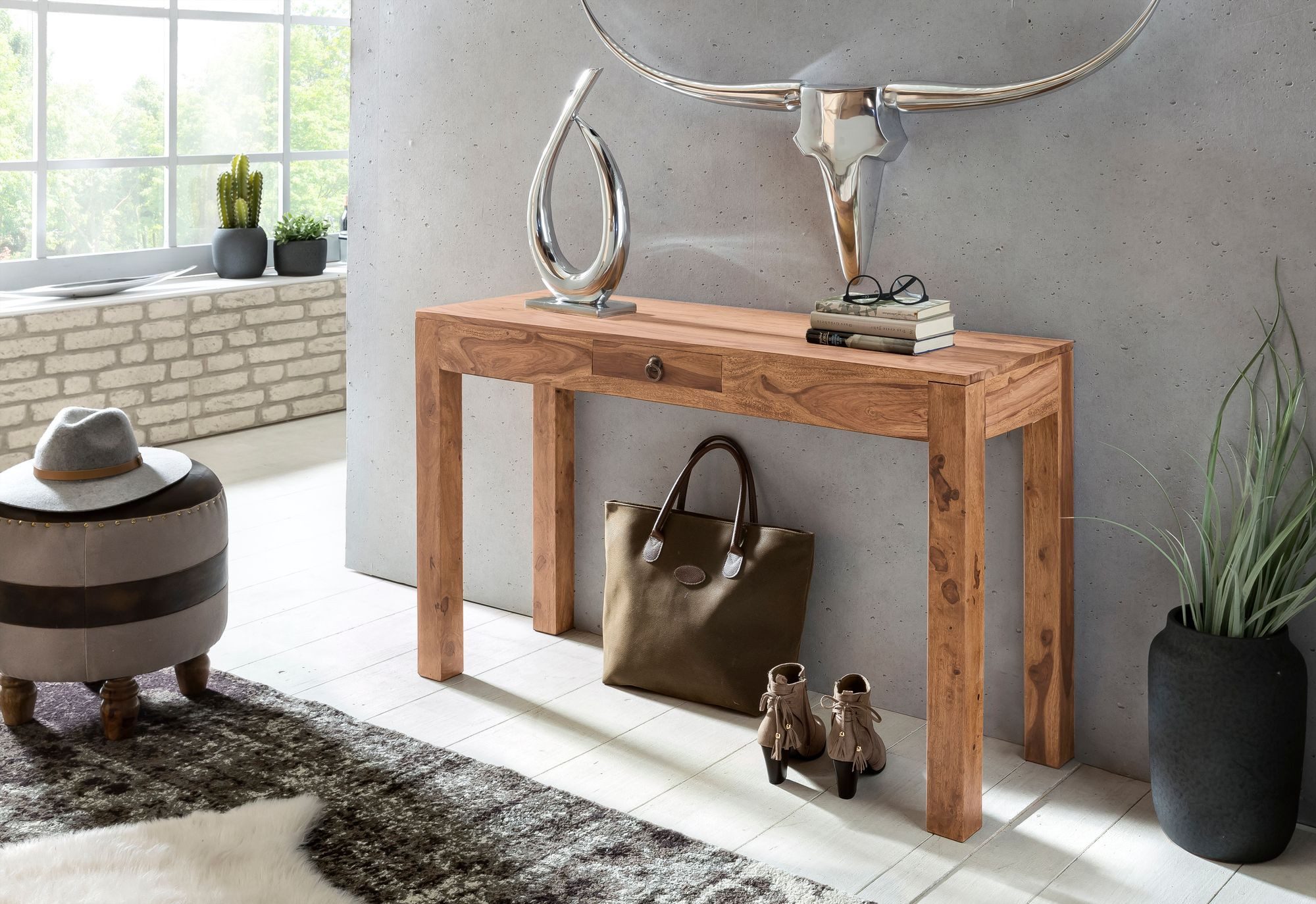 Wohnling Konsolentisch WL1.454 Akazie MUMBAI Massiv 110 cm Schublade Schreibtisch Schmi (Rechteckig Schub, Akazie Massivholz 120x40x70 cm), Flurtisch Holztisch Naturholz, Anrichte Flur