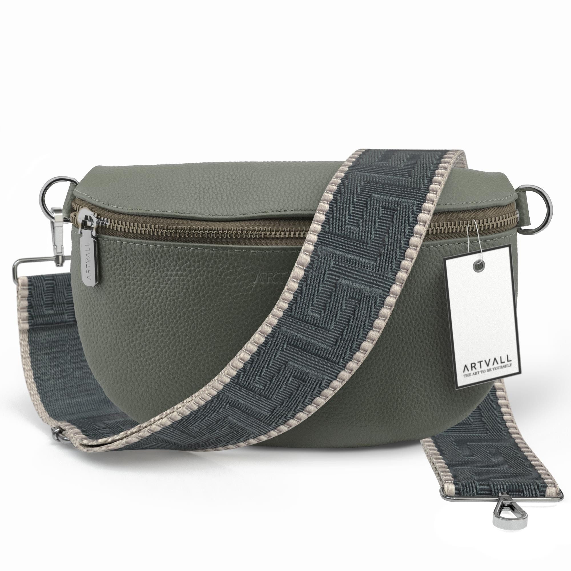 ARTVALL Umhängetasche Echtleder Handtasche Damen Brusttasche Grau Grün (Tasche inkl. Taschenband), Bauchtasche Leder verstellbar mit Schultergurt Design breit hochwertig
