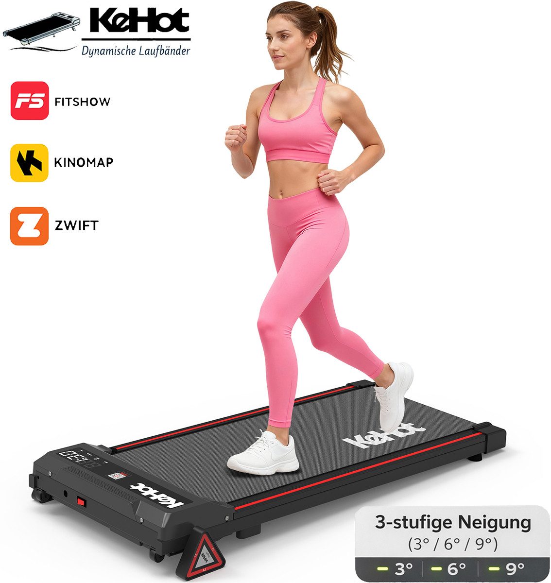 kehot Laufband Laufband für Zuhause, 2,5 PS Walking Pad 1–6 km/h Leise, Kompakt (Walking Pad mit 3-stufiger Steigung 3°/6°/9°, Bluetooth, LED-Display, Walking Pad Platzsparend, 37.5×90 cm Lauffläche, bis 100 kg belastbar), Flaches Laufband unter Schreibtisch, Leises, Ideal für Büro & Home
