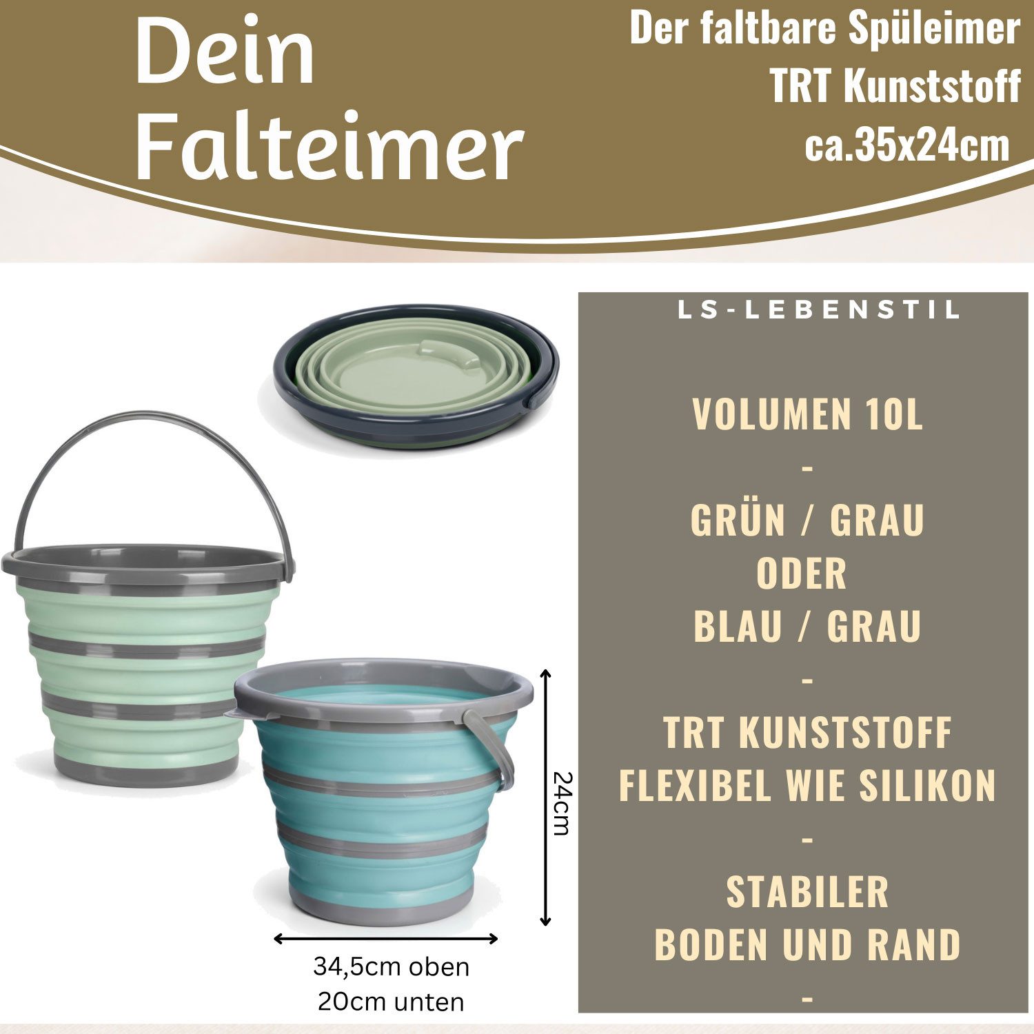 LS-LebenStil Falteimer Falteimer Flexibler Putzeimer 10L Eimer 35x24cm faltbar mit Griff, (TRT Kunststoff ähnlich Silikon Campingeimer, 1-tlg., Silikoneimer Wassereimer Camping Angeleimer), Henkel klappbar - stabiler Boden