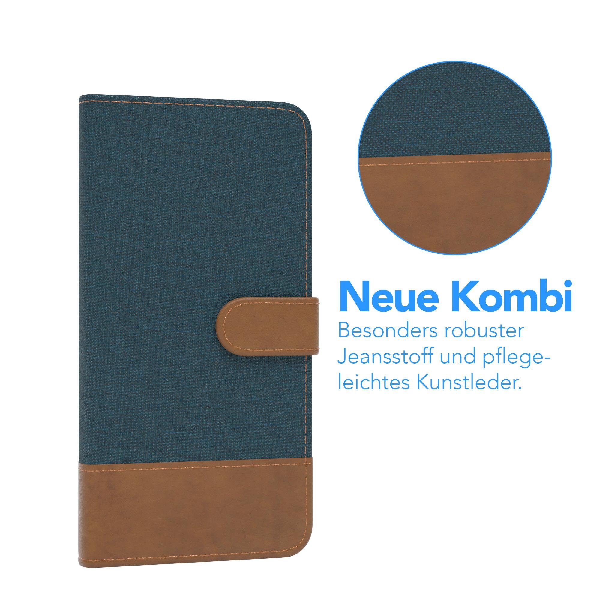 EAZY CASE Handyhülle Bookstyle Jeans für Samsung Galaxy A20e 5,8 Zoll, Klappcase mit Standfunktion und Kartenfach Stoff Schutzhülle Blau