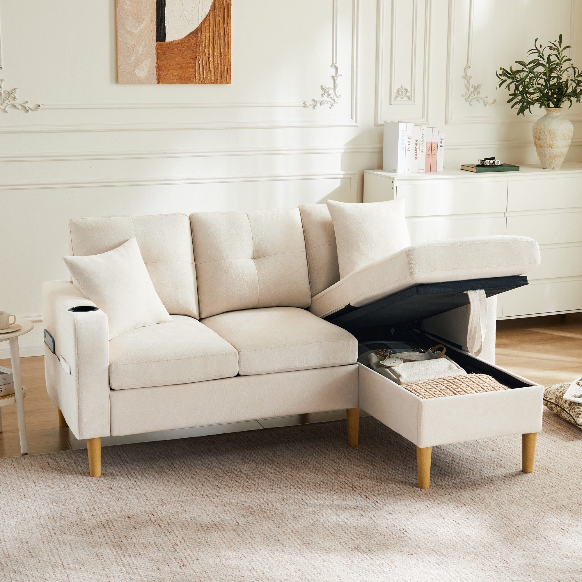 KLAM HOME Sofa L-förmiges modernes Sofa, 3-Sitzer-Sofa mit Chaiselongue, Stauraum, integriertem Getränkehalter, wird mit 2 Kissen geliefert, geeignet für Wohnzimmer, Büro, Wohnung usw., Video verfügbar