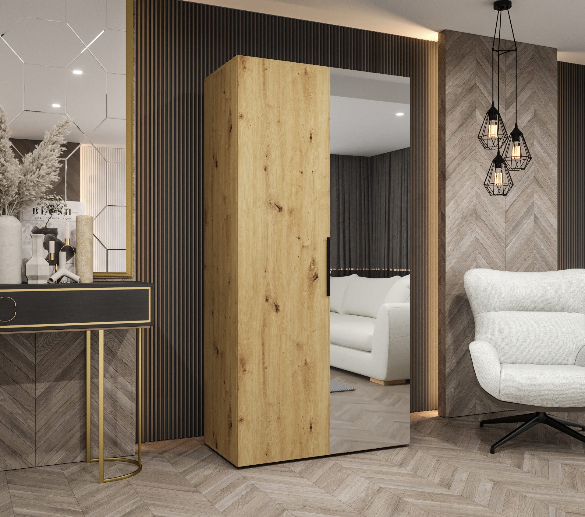 MOEBLO Drehtürenschrank SOLENA 2 (mit Spiegel – Moderner Kleiderschrank mit Soft-Close, Einlegeböden & Kleiderstange, verschiedene Breiten & Farben, Schrank Garderobe Schlafzimmer Drehtürenschrank) (BxHxT): 100/150/200/250/300x202x52 cm