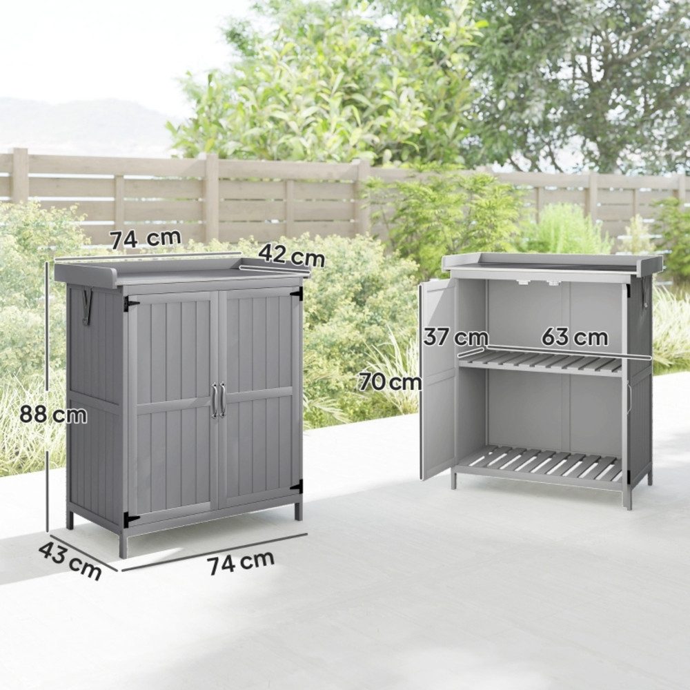 CHICFURN Garten-Geräteschrank Werkzeugschrank für den Außenbereich mit Arbeitsfläche aus Holz, BxT: 74,00x43,00 cm, (Packung, 1 St), Edelstahl-Arbeitsplatte, Doppeltüren, Grau