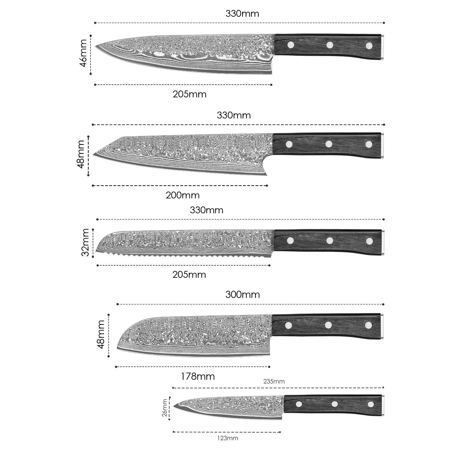 KingLux Messer-Set 5tlg Damastmesser-set aus 67 Lagen VG10 Damaststahl Holzgriff (5-tlg)