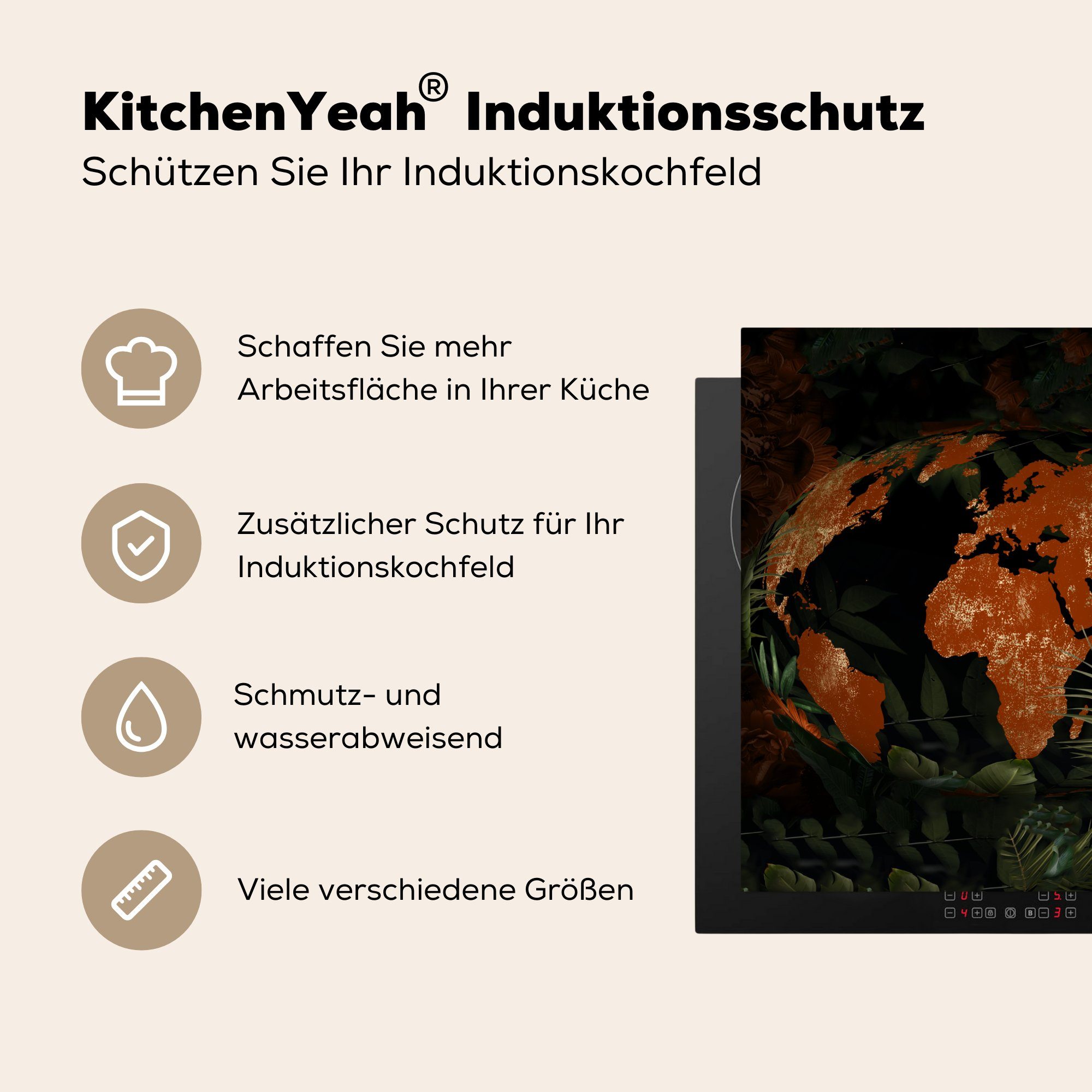 MuchoWow Herdblende-/Abdeckplatte - Pflanzen küche Rot, Weltkarte Arbeitsplatte für 78x78 Vinyl, (1 - cm, Ceranfeldabdeckung, tlg)