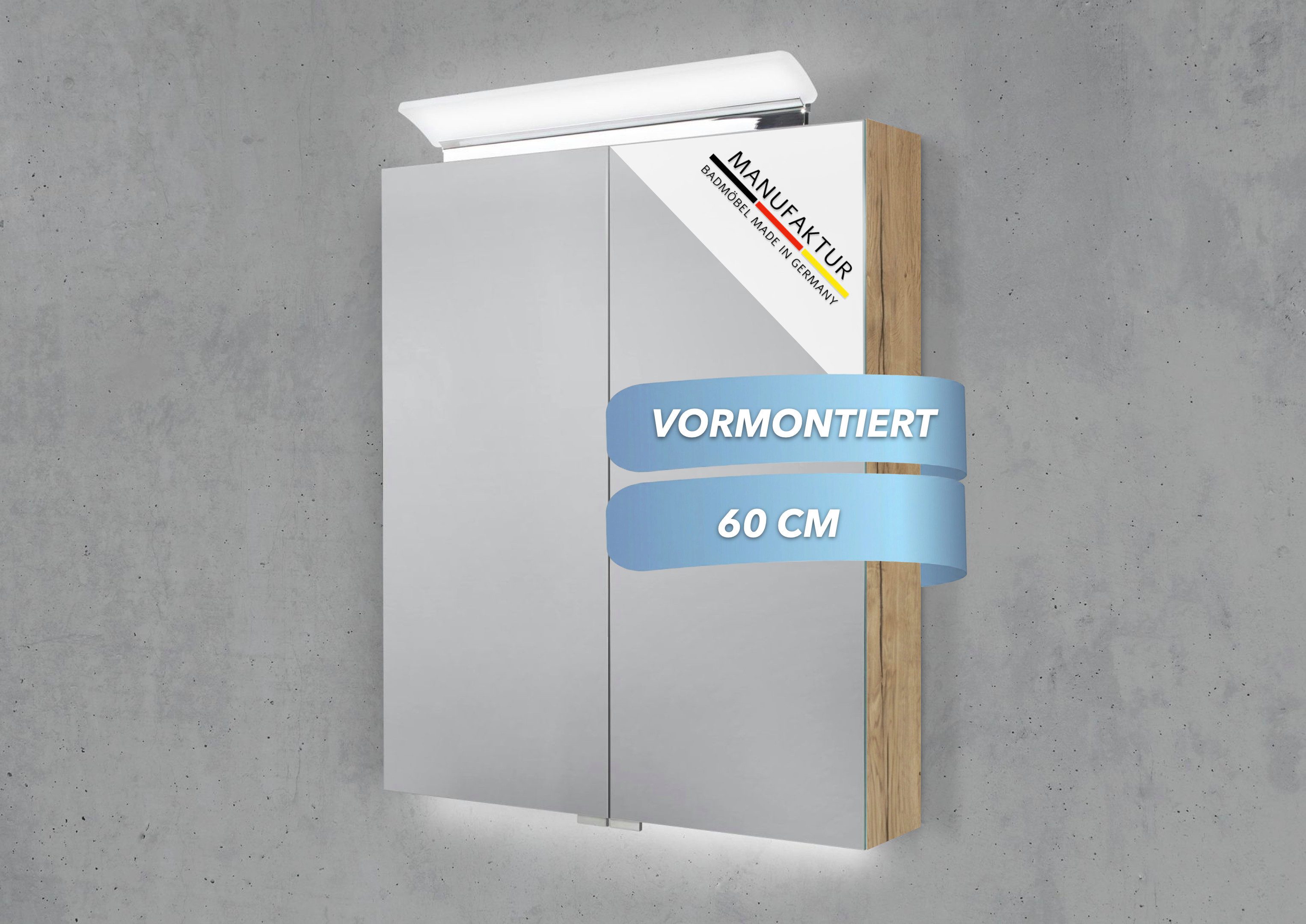 Intarbad Badezimmerspiegelschrank 2-türiger Spiegelschrank mit großflächiger MULTI LED Aufsatzleuchte (Doppelspiegeltüren, Holz-/ Lackdekore, Maße von 60 bis 120 cm wählbar, Höhe 70 cm, Glasfachböden, Magnetleiste & Kosmetikspiegel Ø 12 cm) Vormontierte Lieferung, Floatglas, 160 kg Traglast, Made in Germany