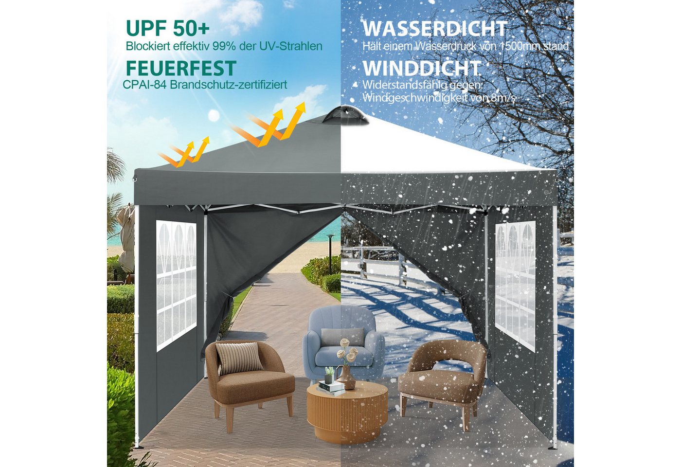 Thumbnail - LUCKZON Pavillon 3x3m, mit Belüftung, wasserdicht, UV-Schutz 50+, Höhenverstellbar, mit 4 Seitenteilen, L×B×H:300×300×26...
