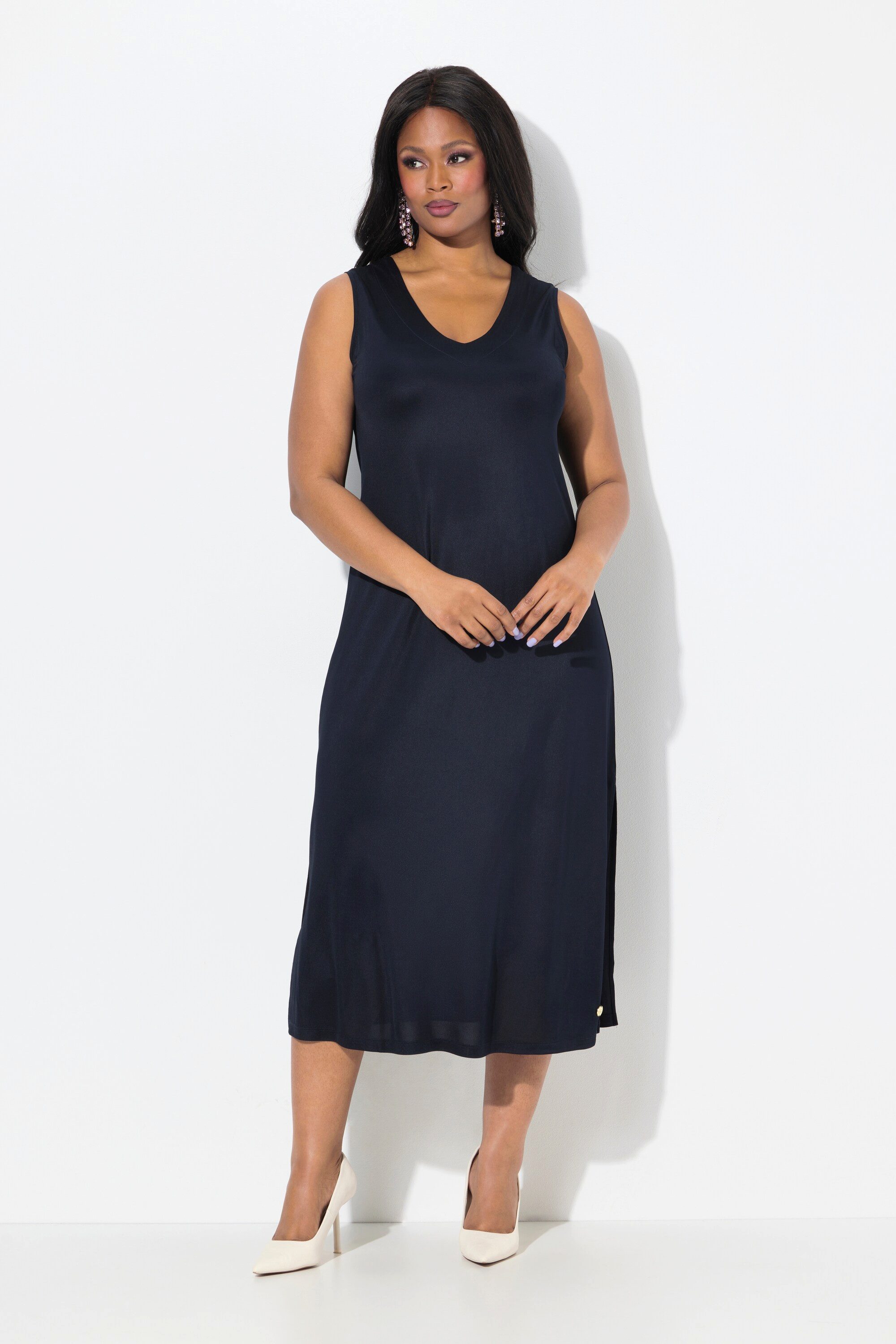 Ulla Popken Jerseykleid Midi-Slinkykleid A-Linie V-Ausschnitt günstig online kaufen