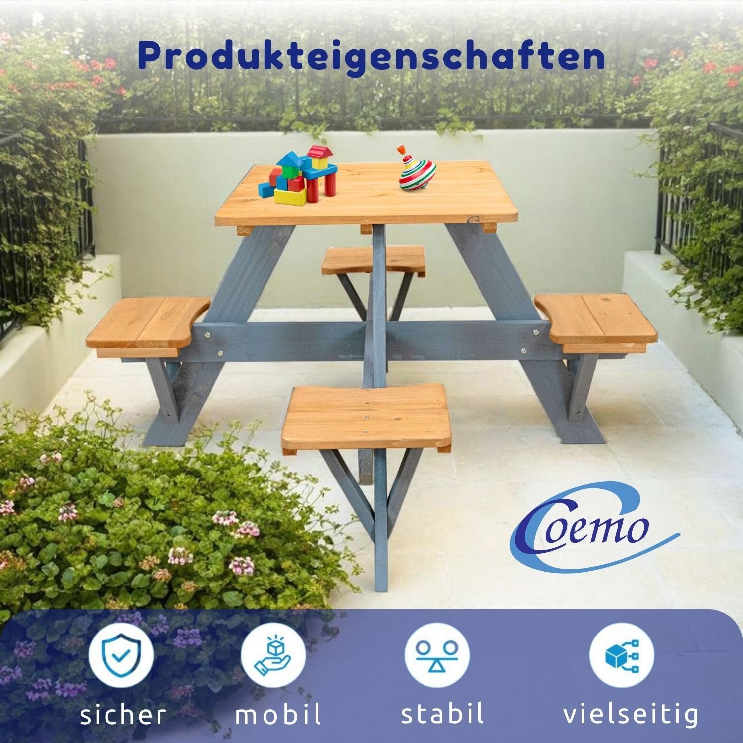Coemo Garten-Kindersitzgruppe ROMY, (Set, 1-tlg), Braun Picknicktisch 1 Tisch 4 Sitze Kinder Sitzgruppe Gartentisch