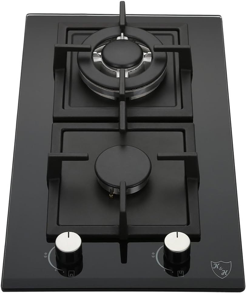 K&H Gas-Kochfeld K&H Domino 2 Zonen Glas Gaskochfeld 30cm Wok Brenner Erdgas Autark Eigebaut 2Z-KHGW, Erdgas, Flüssiggas, Sicherheitsglas, Autark