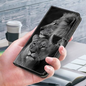 CLM-Tech Handytasche für Xiaomi Redmi Note 13 Pro 5G Hülle Tasche aus Kunstleder Klapphülle (Löwe schwarz grau, Handyhülle Wallet Flip Case Cover Etui), Schutzhülle mit Standfunktion, Kartenfächer, und Magnetverschluss