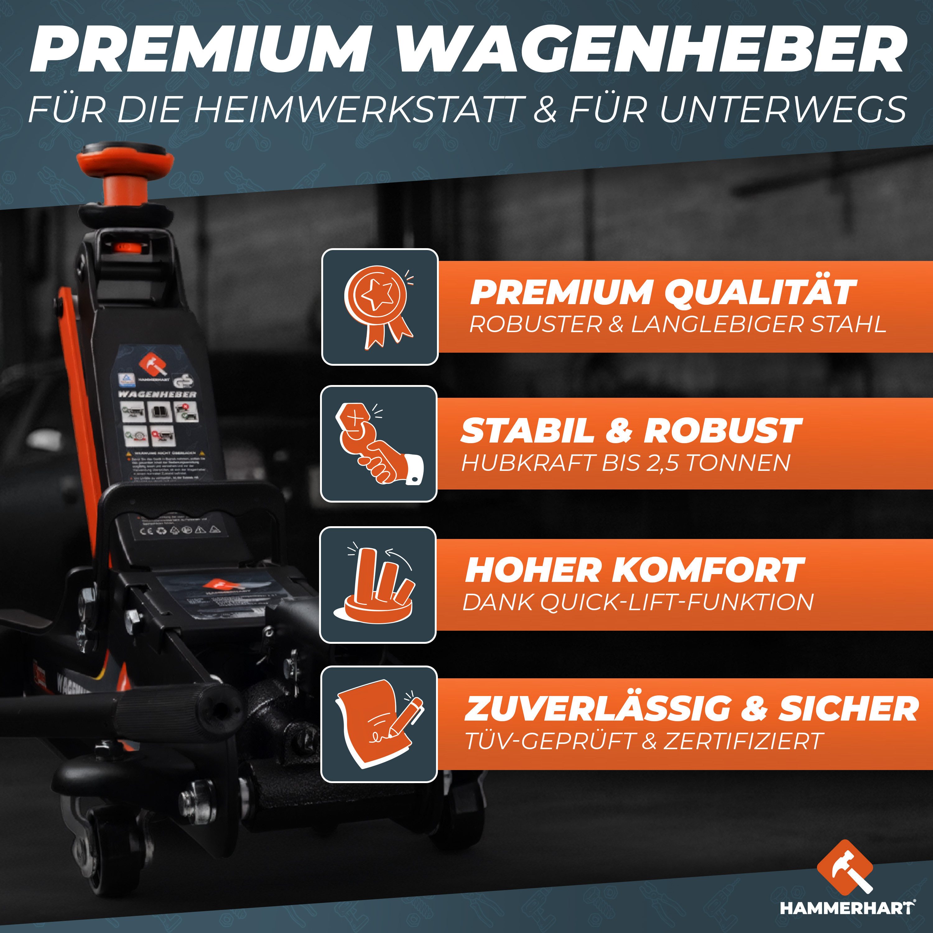 HAMMERHART Wagenheber Hydraulischer Wagenheber 2,5T, TÜV geprüft, 85–384 mm, max. Hubhöhe: 38,4 cm, Premium Wagenheber 2,5 Tonnen, Premium Wagenheber 2,5 Tonnen – Bild 5 von 5