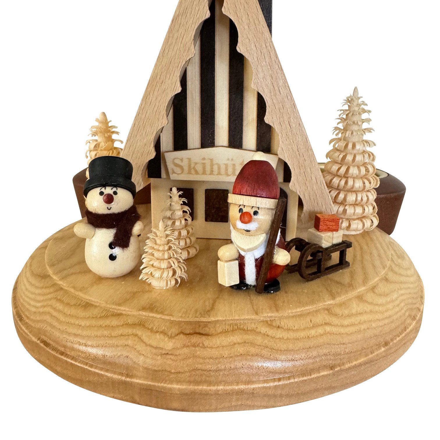 SAICO Original Weihnachtspyramide Tischpyramide aus Holz für Teelichter, Skihütte mit Weihnachtsmann, Räucherhaus, Räuchermännchen - Weihnachtsdeko aus dem Erzgebirge