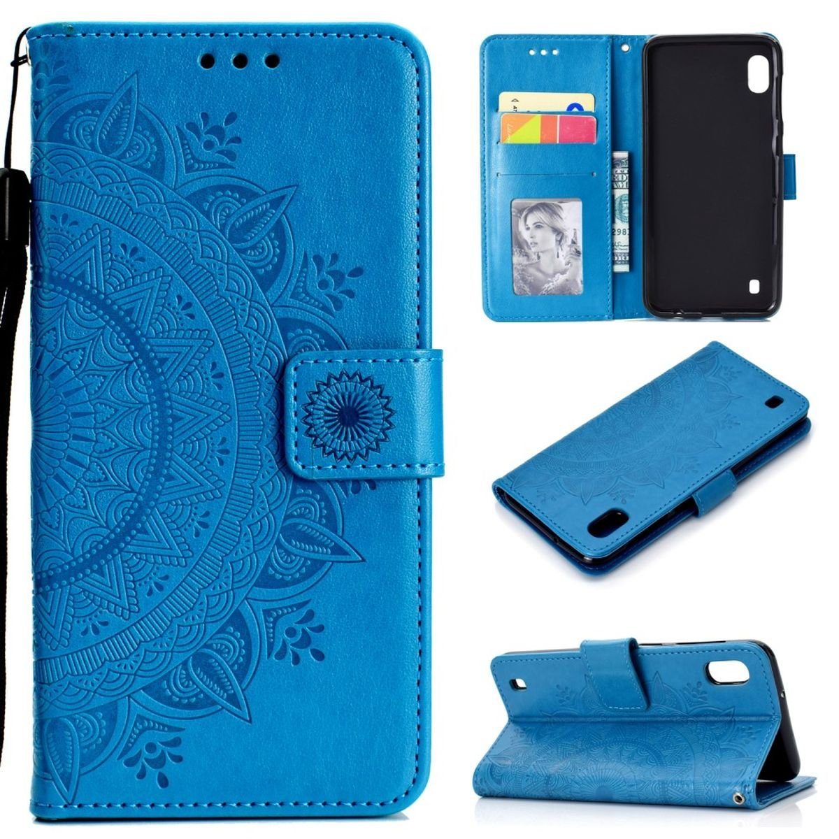 CoverKingz Handyhülle Hülle für Samsung Galaxy A10 Handyhülle Schutz Tasche Flip Case Etui 15,75 cm (6,2 Zoll), Klapphülle Schutzhülle mit Kartenfach Schutztasche Motiv Mandala