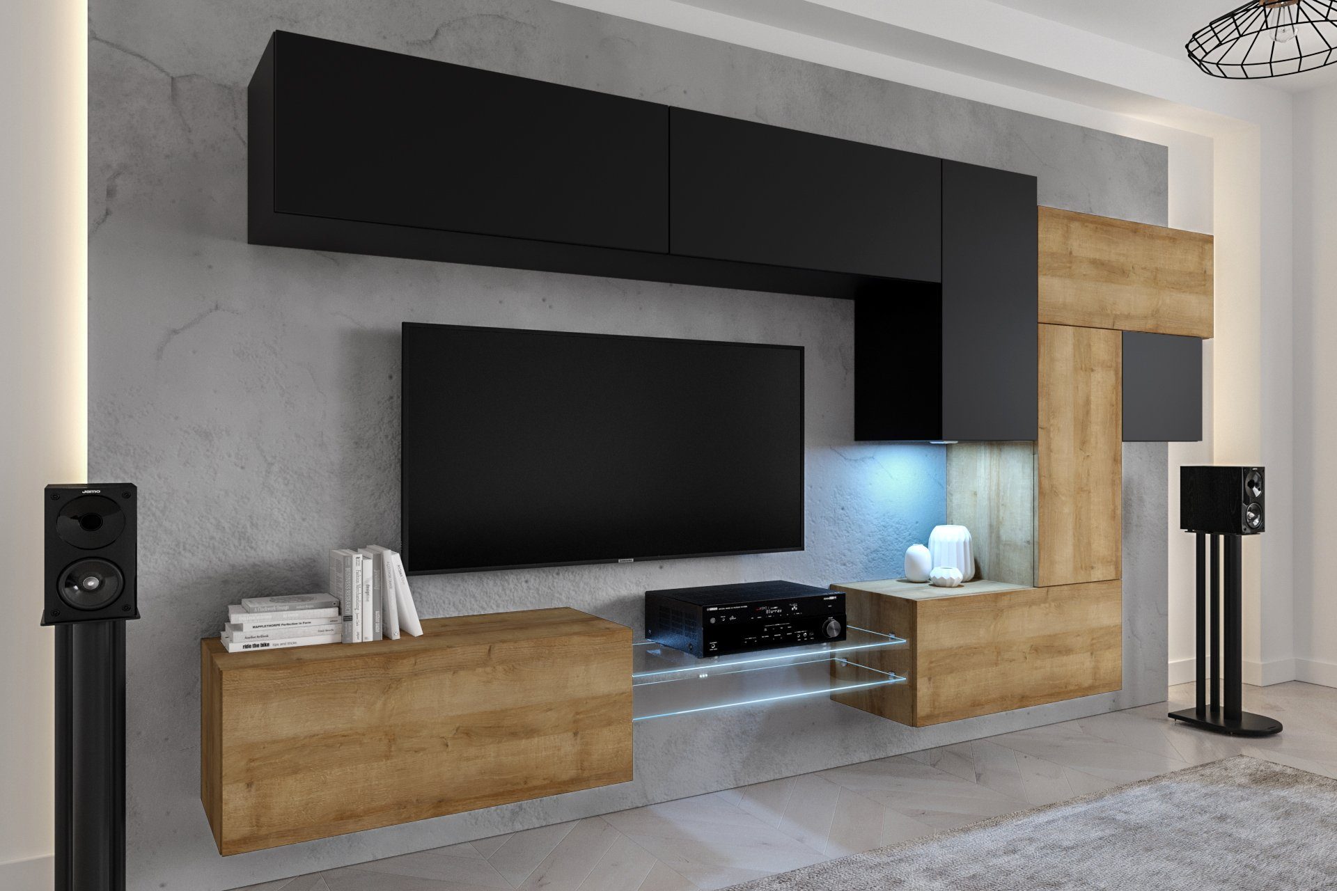ROYAL24_MARKT Design - (Komplett Qualität - Beleuchtung Moderne NovaStyle), Schwarz-Gold Matt Set, Wohnwand und Premium-Qualität, 10-St., Eiche Innovation Wohnwand - Wohnzimmer - in Elegantes