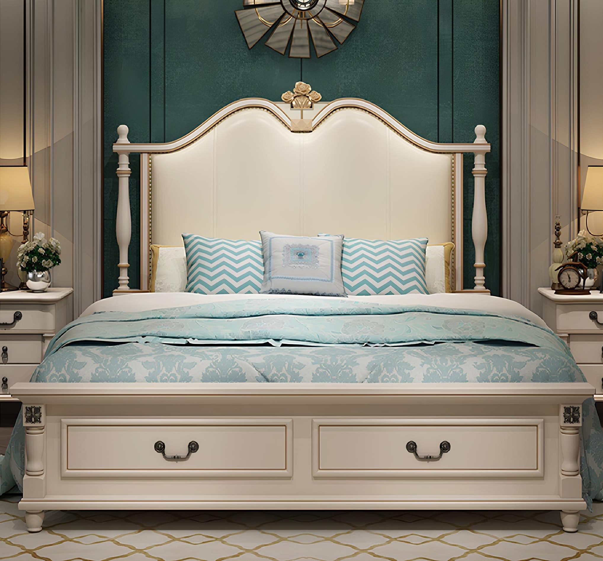 Xlmoebel Holzbett Luxus Polsterbett Barock aus Holz mit Schubladen in Beige (Bett, Polsterbett Barock mit Schubladen), Made in Europa