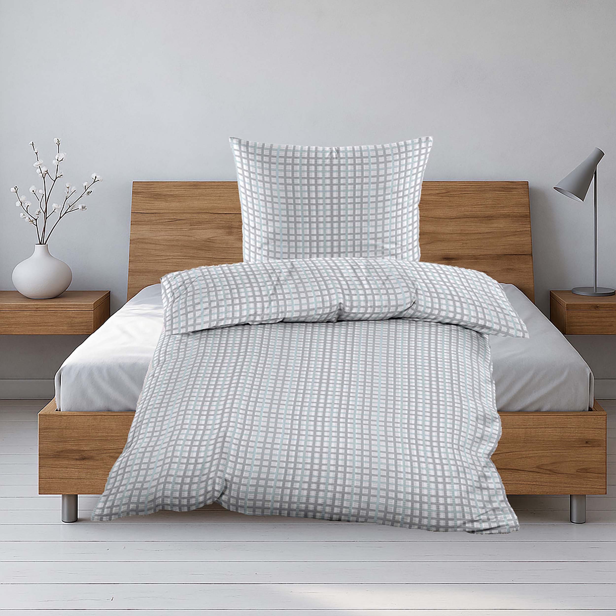 Casa Colori Bettwäsche Seersucker Bettwäsche Polyester Kariert Weiß Grau Mint, Seersucker, 2 teilig, 135x200cm 80x80cm