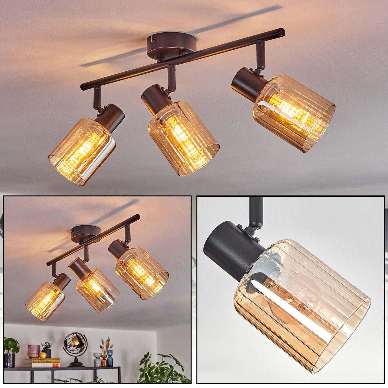 hofstein Deckenleuchte Deckenlampe aus Metall/Glas in Schwarz, ohne Leuchtmittel, Leuchte mit Glasschirmen (8 cm), 3 x E14, ohne Leuchtmittel