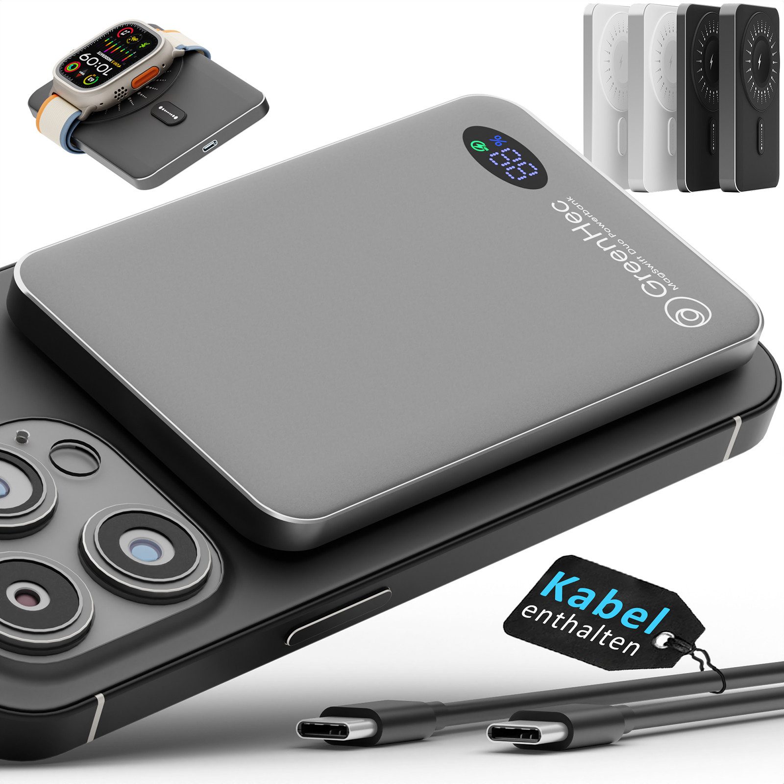 GreenHec Powerbank MagSafe iPhone 15 14 13 12 Magnetisches Battery Pack, Akku Powerbank MagSwift Duo Powerbank A 10000 mAh (1,5 V), 5000mAh, 15W Induktiv Kabellos Aufladen Pro Max Mini Slim