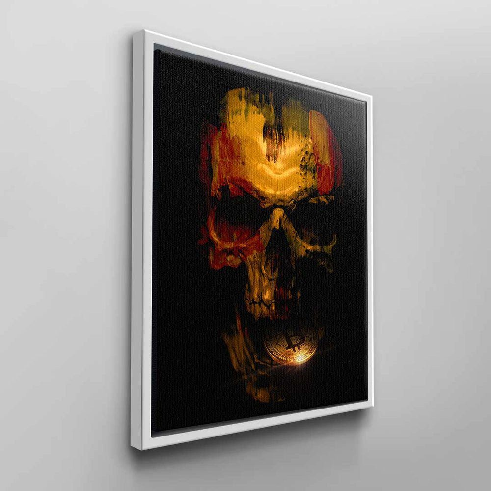 Leinwandbild rot Skull, weißer Mund Totenkopf Bi Rahmen gelb Wandbild DOTCOMCANVAS® Bitcoin-Krypto Bitcoin schwarz grun gold