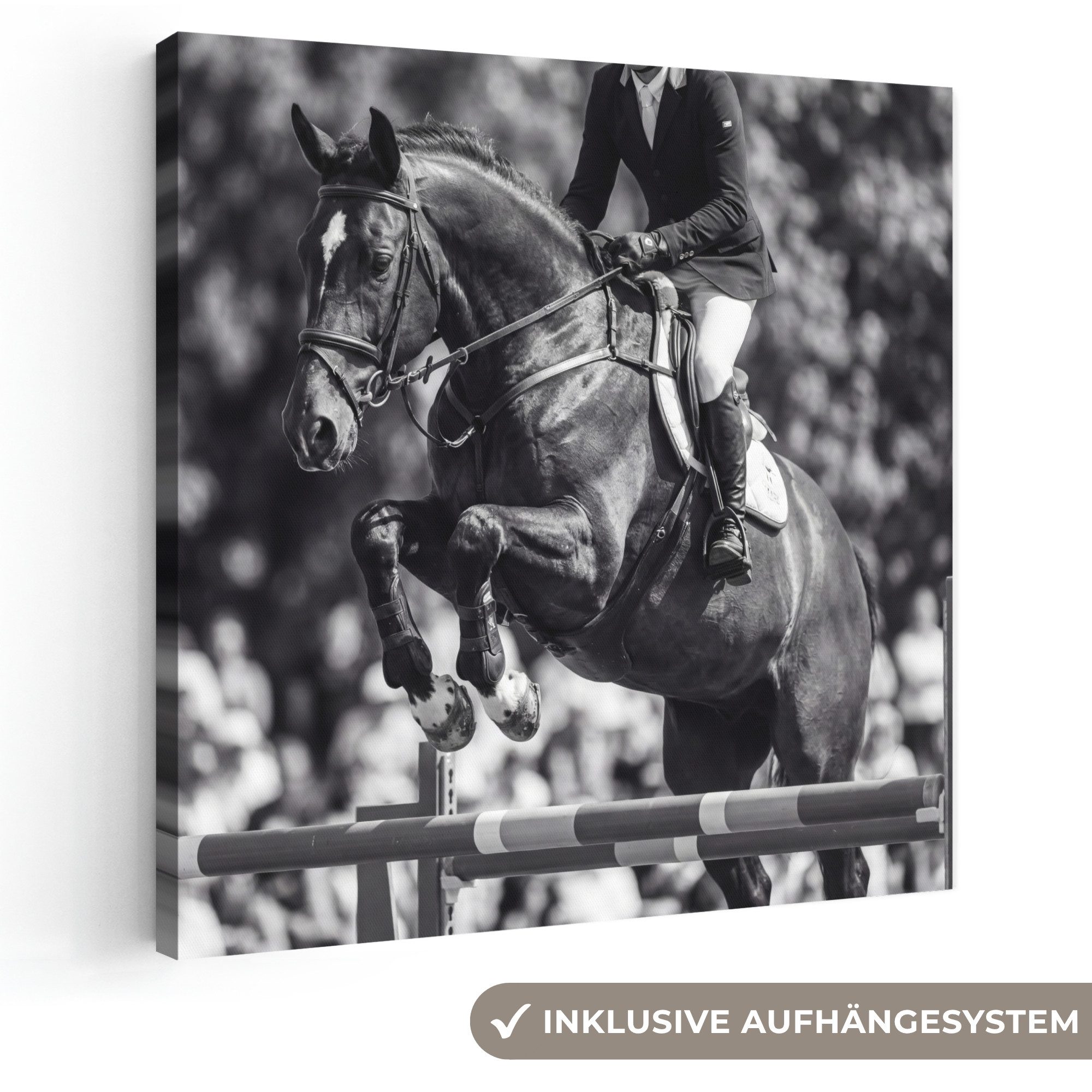 OneMillionCanvasses® Leinwandbild Springen - Pferd - Schwarz - Weiß, Fotodruck (1 St), Wandbild, Deko Schlafzimmer Wohnzimmer Flur 20x20 cm