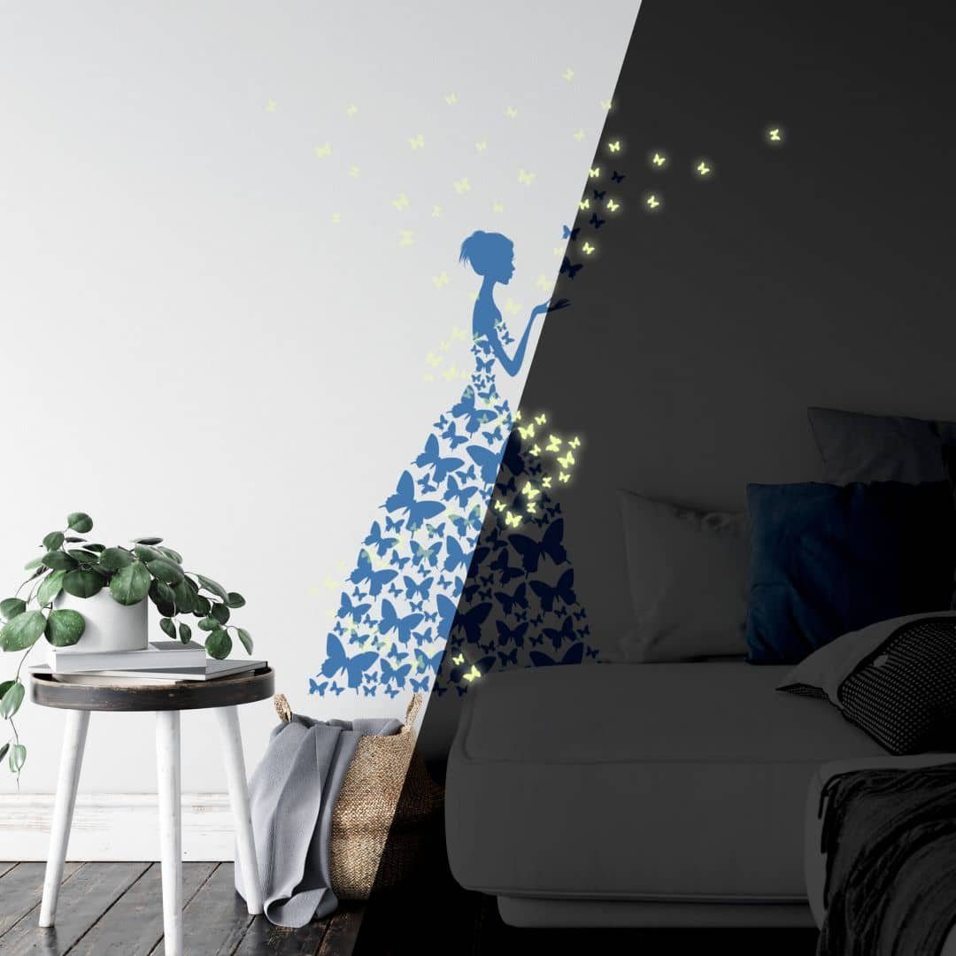 K&L Wall Art Wandtattoo Schmetterling Leuchtsticker Gelb 53x80cm selbstklebend, Kinderzimmer Leuchtbild