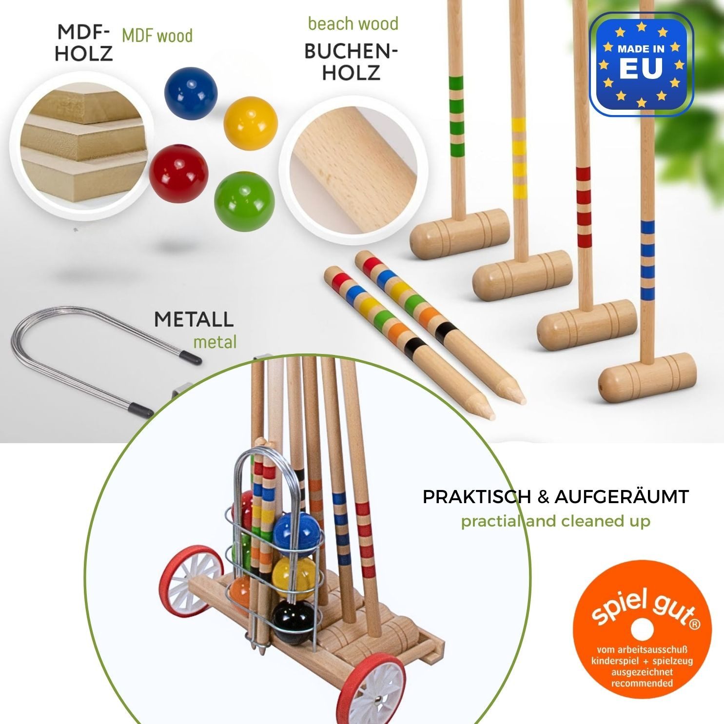 GICO Spielzeug-Gartenset GICO Krocket Set Family 6 Spieler 2x100cm,4x80 cm -3111, Schläger:4x80cm,2x100cm