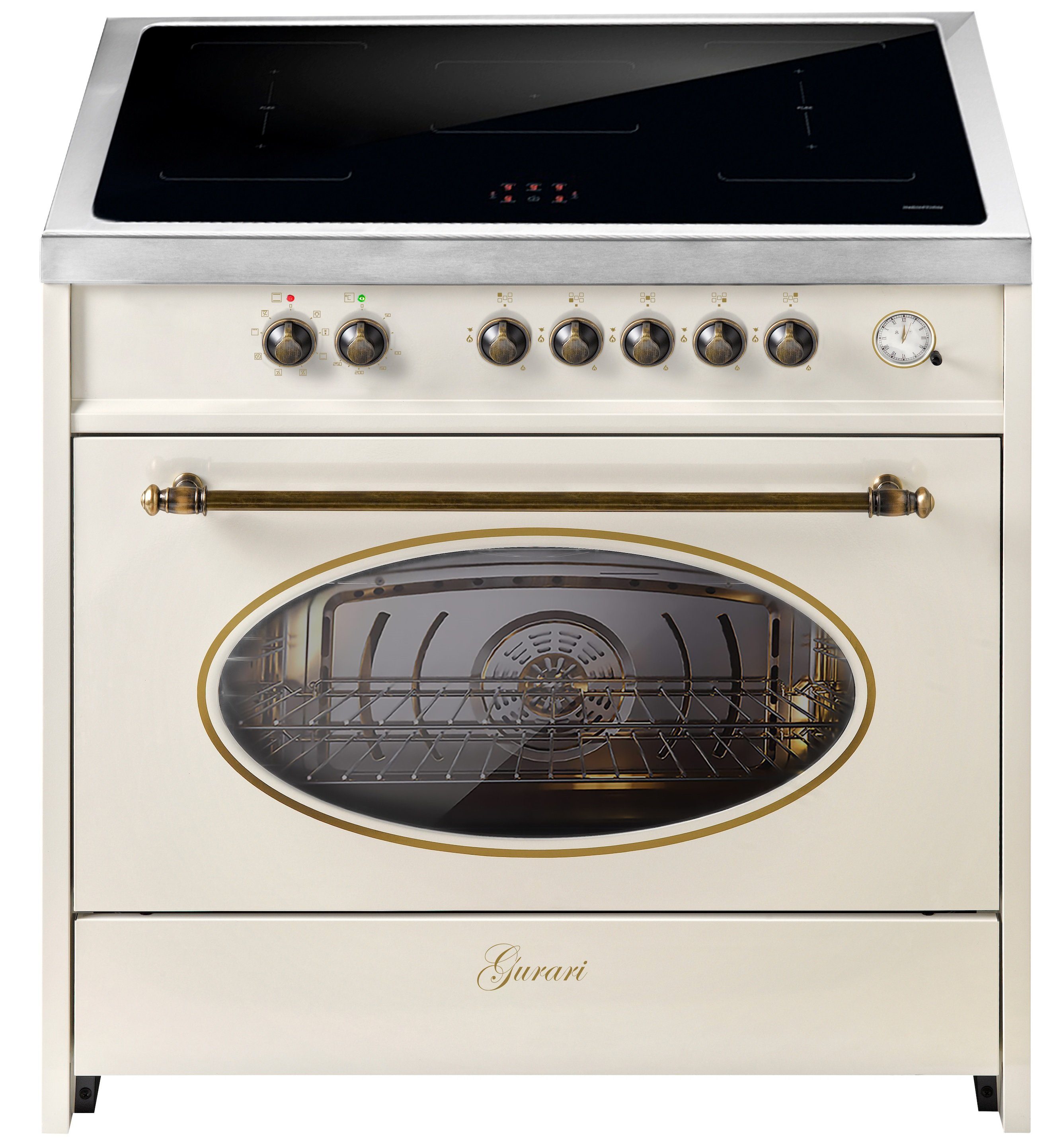 GURARI Induktions Herd-Set Retro Range Cooker 90 cm, FLEX ZONEN, Booster, 5 Zonen, 121L E 913 RU CR., mit 1-fach-Teleskopauszug
