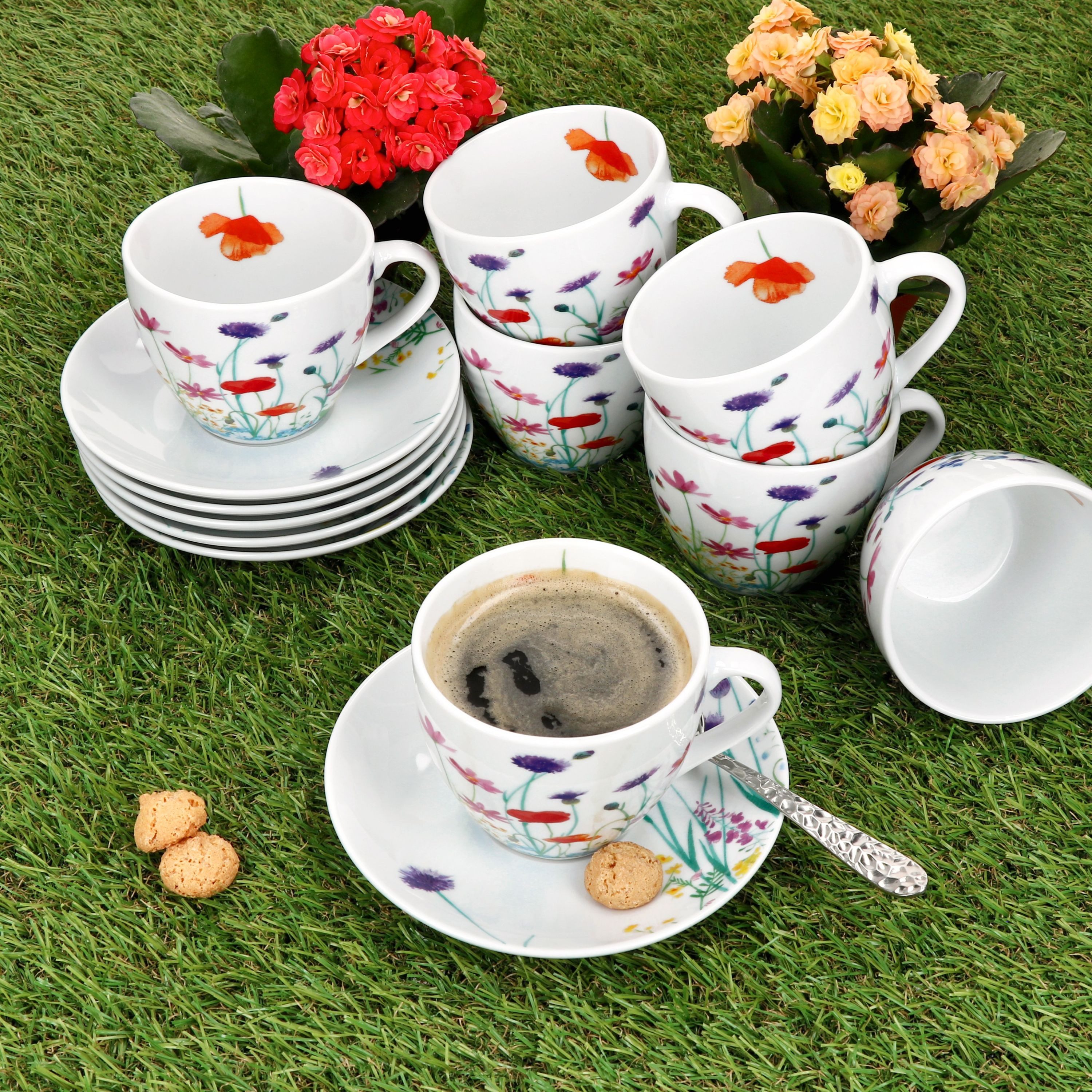 MamboCat Tasse 6er Set Marie Kaffeetassen mit Untertassen 6 Personen Porzellan Tee, Porzellan